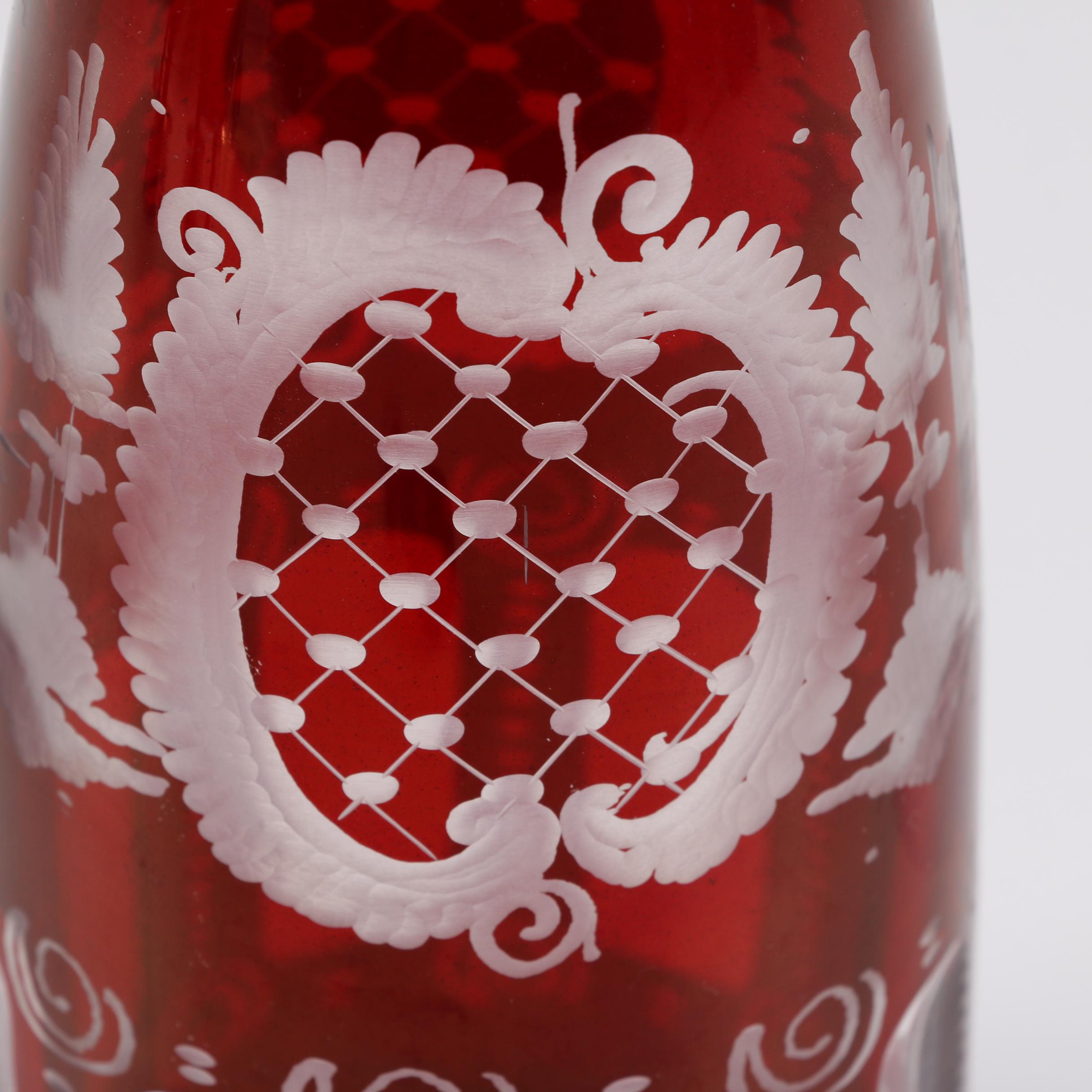 Antique Bohemian Ruby Flashed Etched to Clear Decanter and Goblets