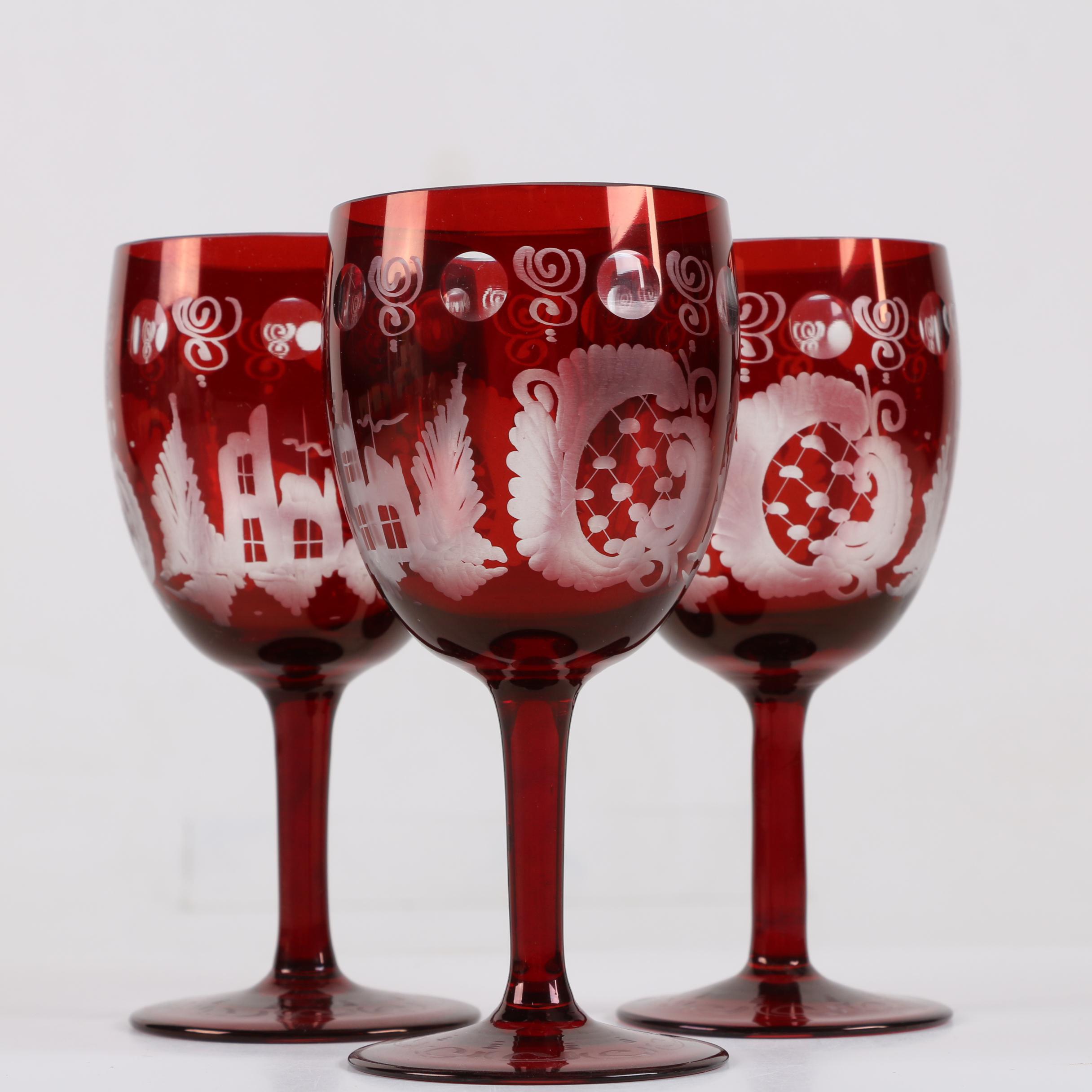 Antique Bohemian Ruby Flashed Etched to Clear Decanter and Goblets