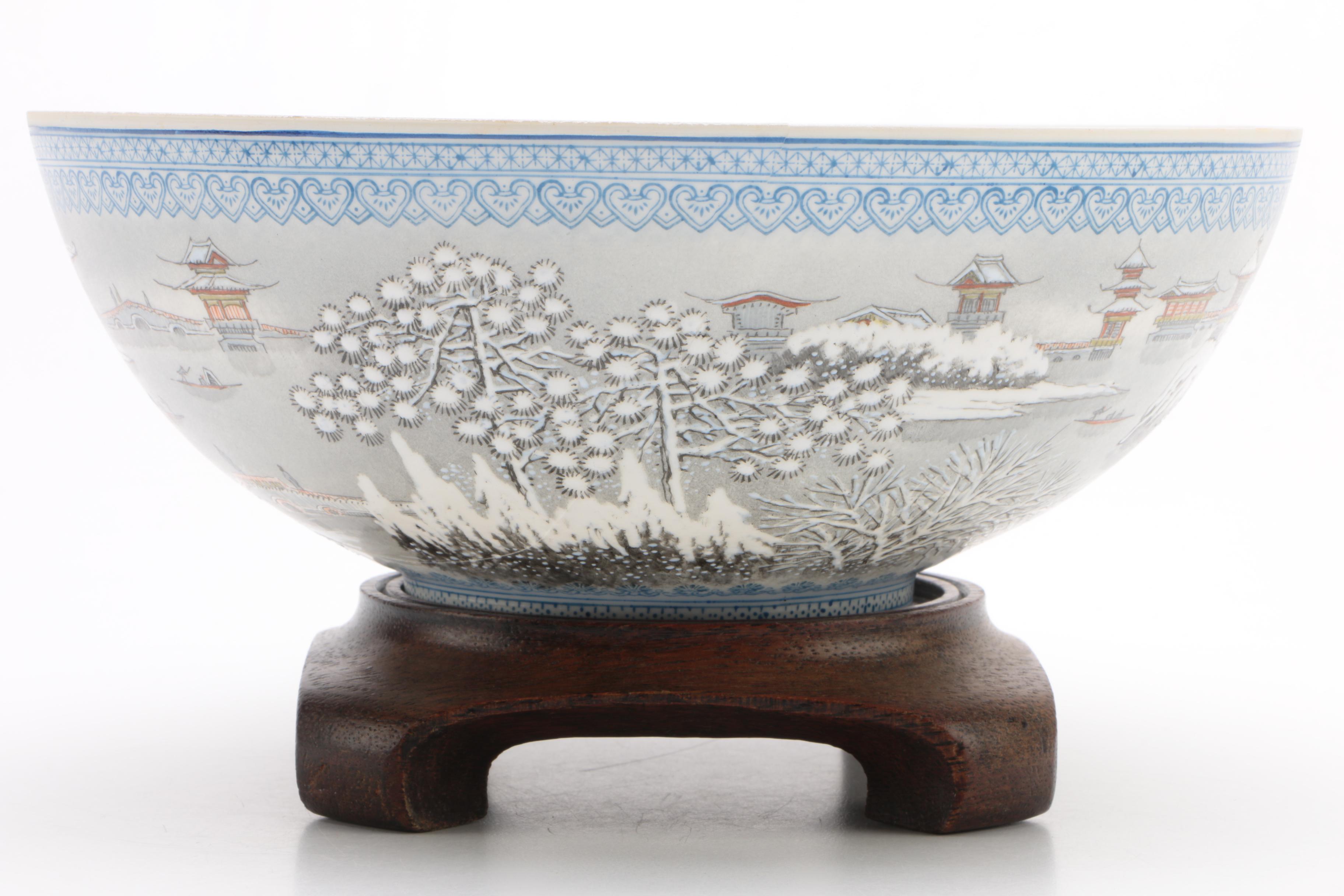 Vintage Chinese Eggshell Porcelain Bowl with Stand