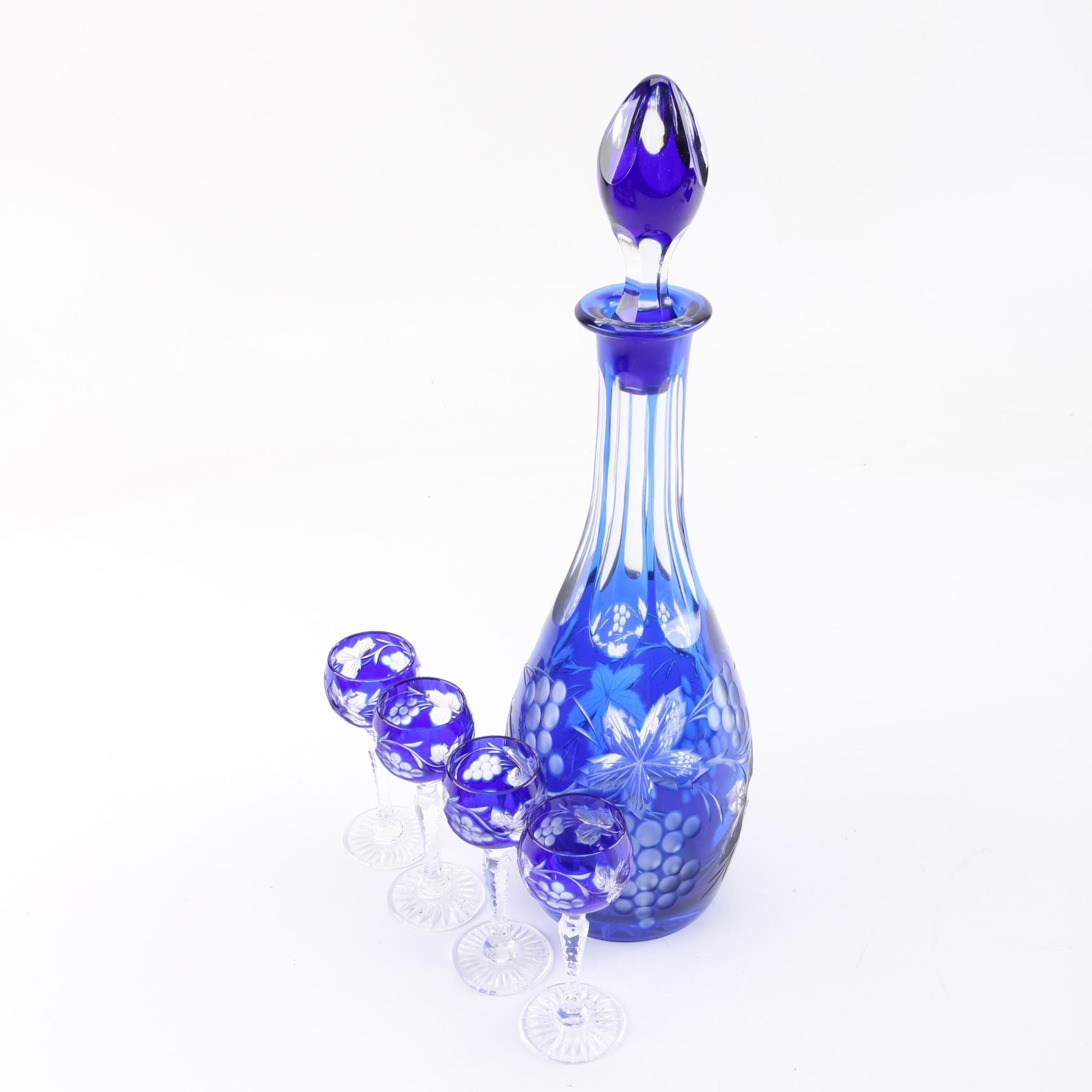 Cased Cobalt Blue Cut to Clear Decanter and Cordial Glasses