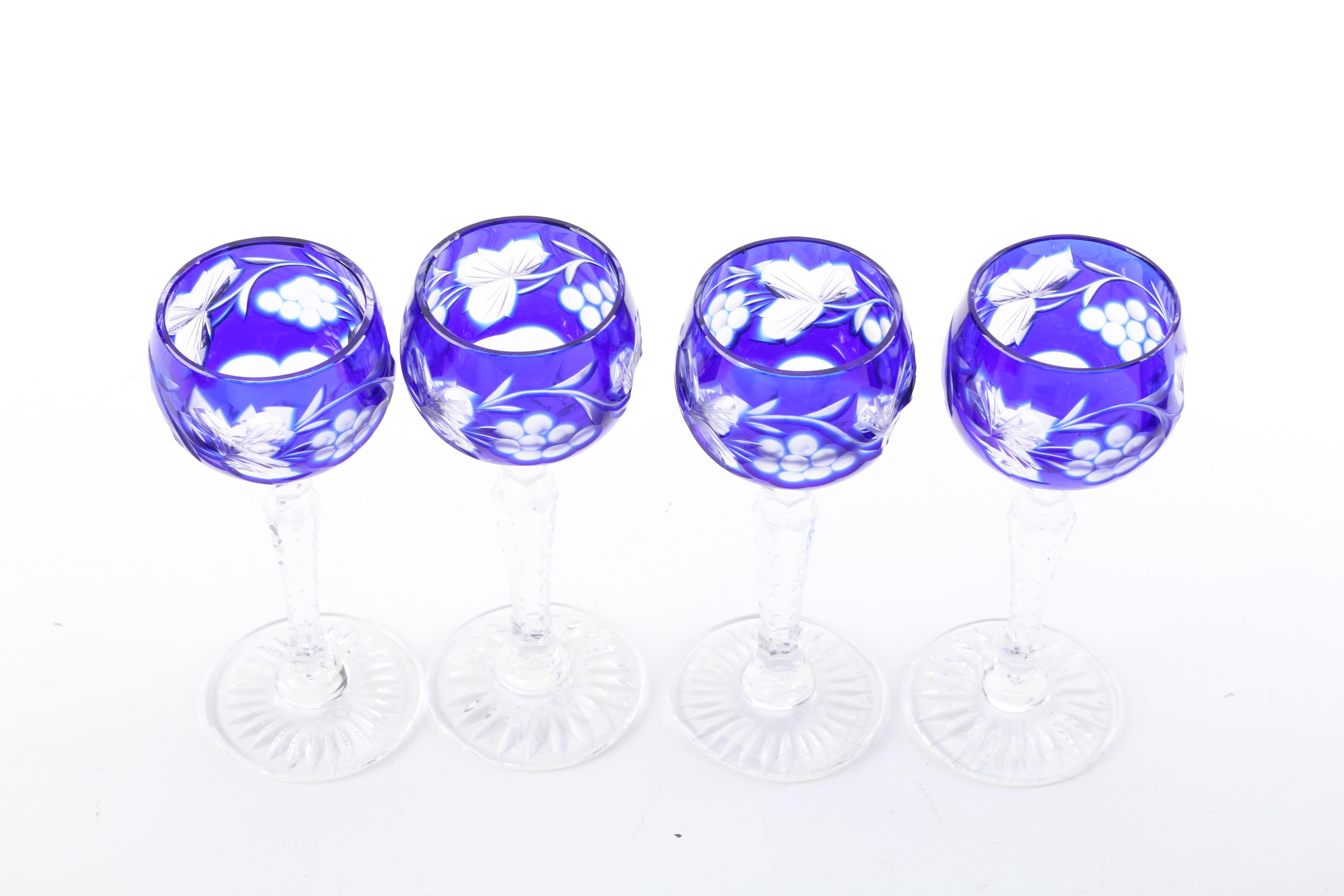 Cased Cobalt Blue Cut to Clear Decanter and Cordial Glasses