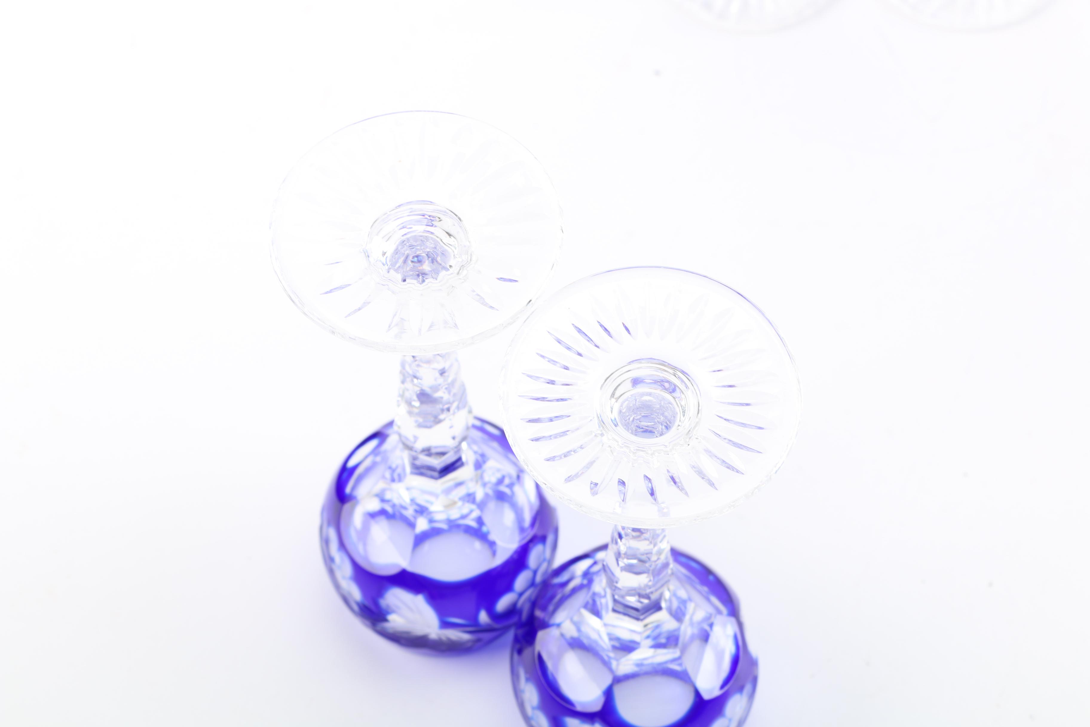 Cased Cobalt Blue Cut to Clear Decanter and Cordial Glasses