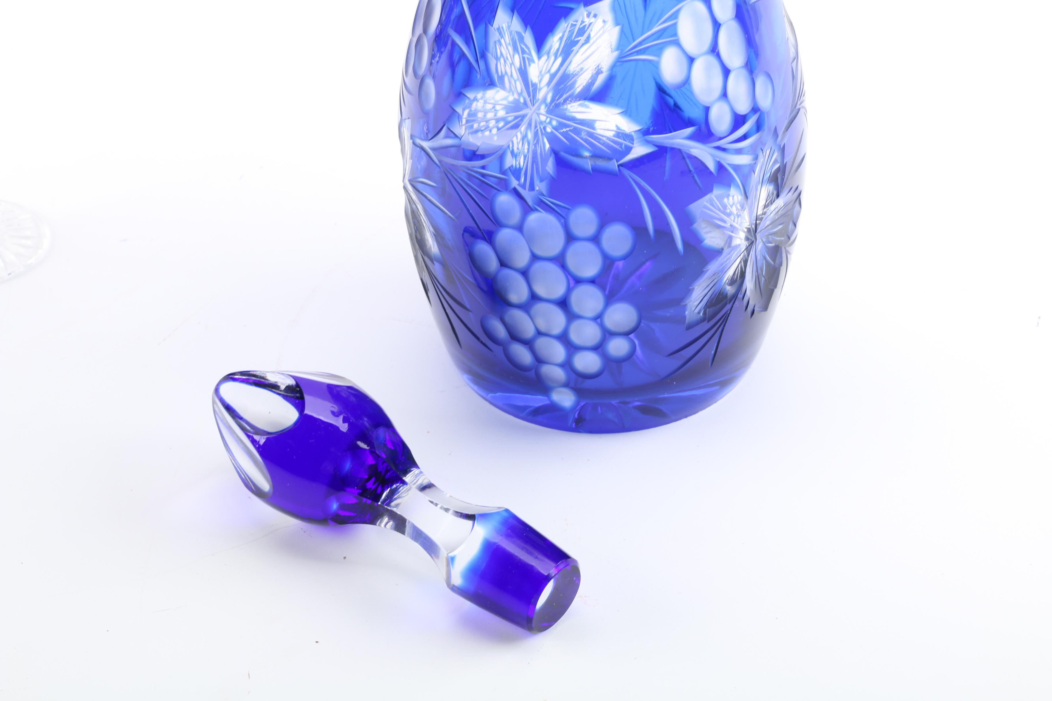 Cased Cobalt Blue Cut to Clear Decanter and Cordial Glasses