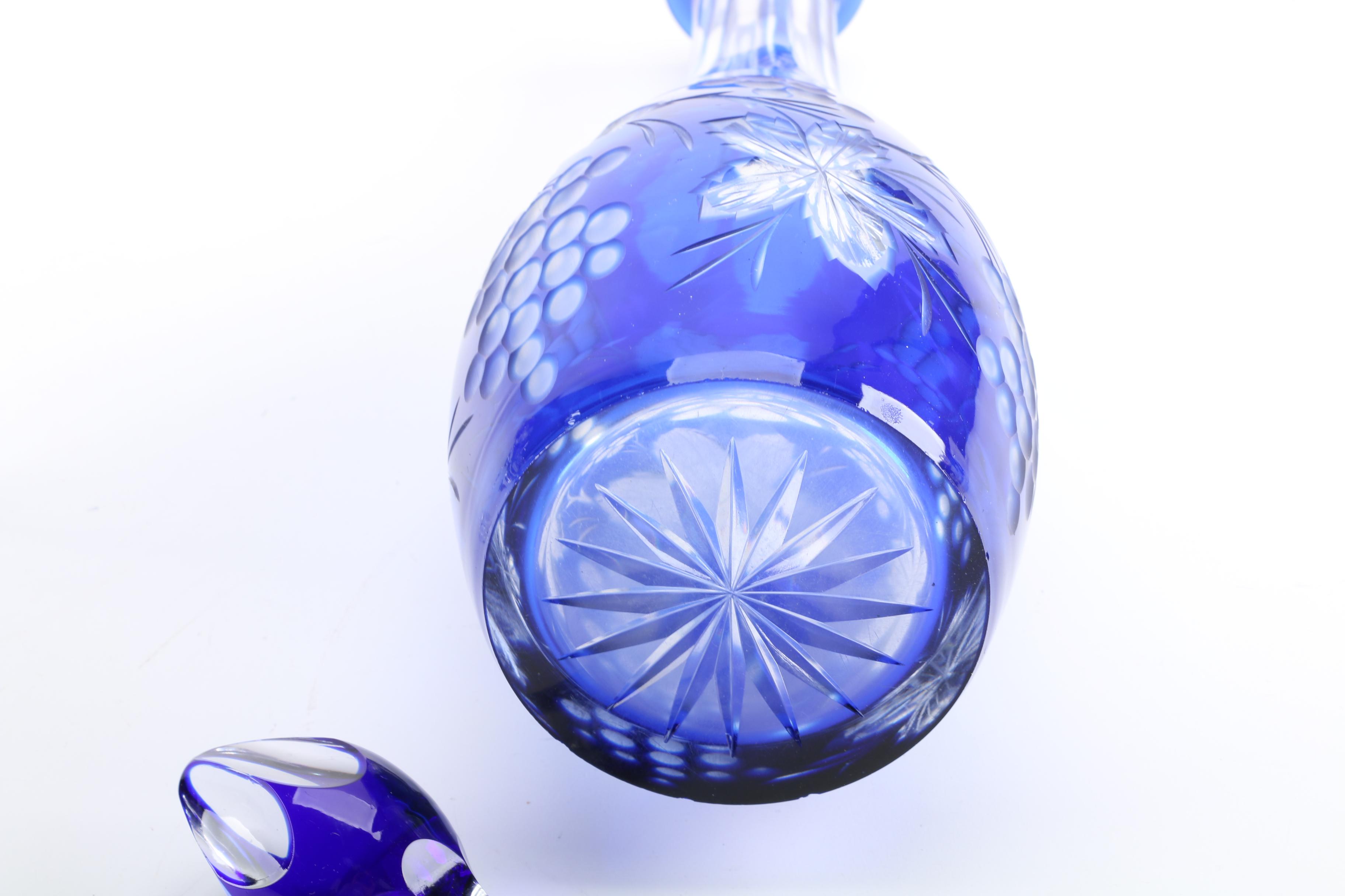 Cased Cobalt Blue Cut to Clear Decanter and Cordial Glasses