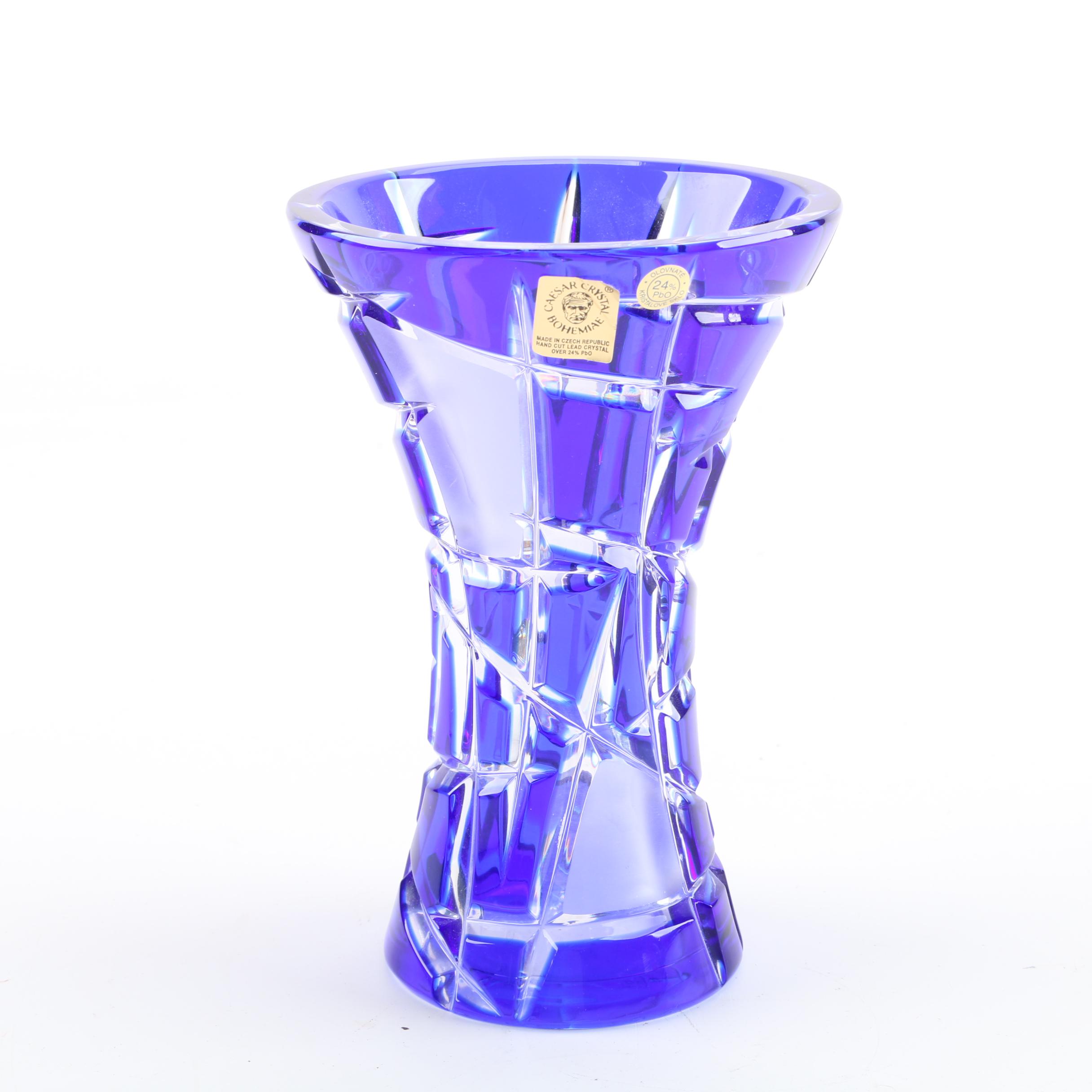Caesar Crystal Bohemaie Cased Cobalt Blue Cut to Clear Vase