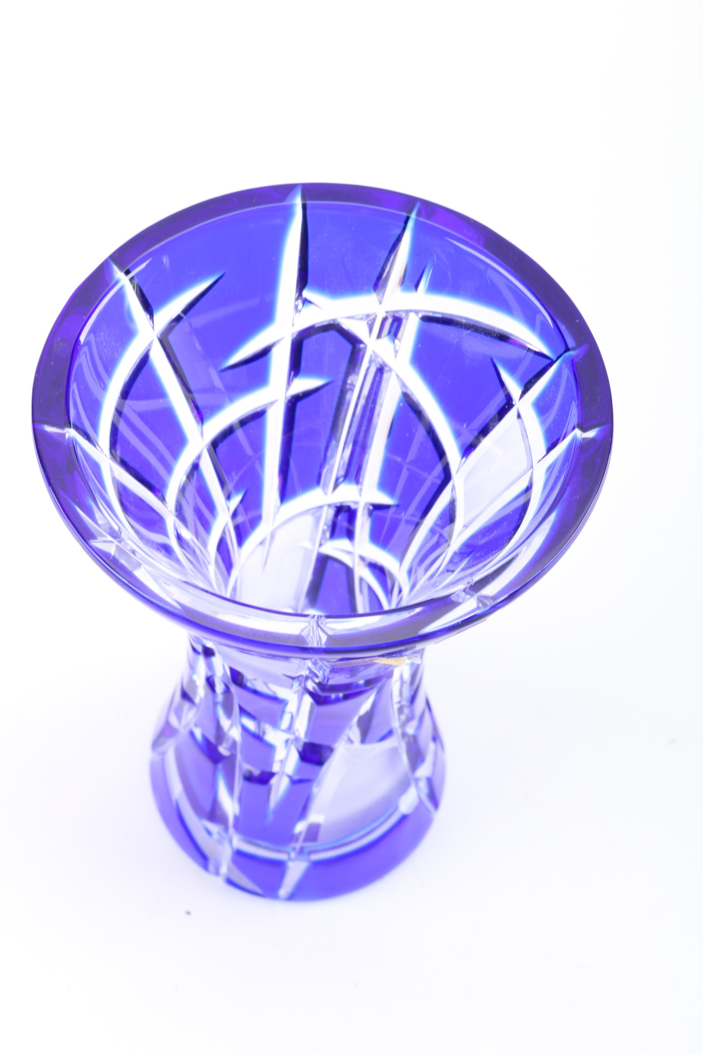 Caesar Crystal Bohemaie Cased Cobalt Blue Cut to Clear Vase