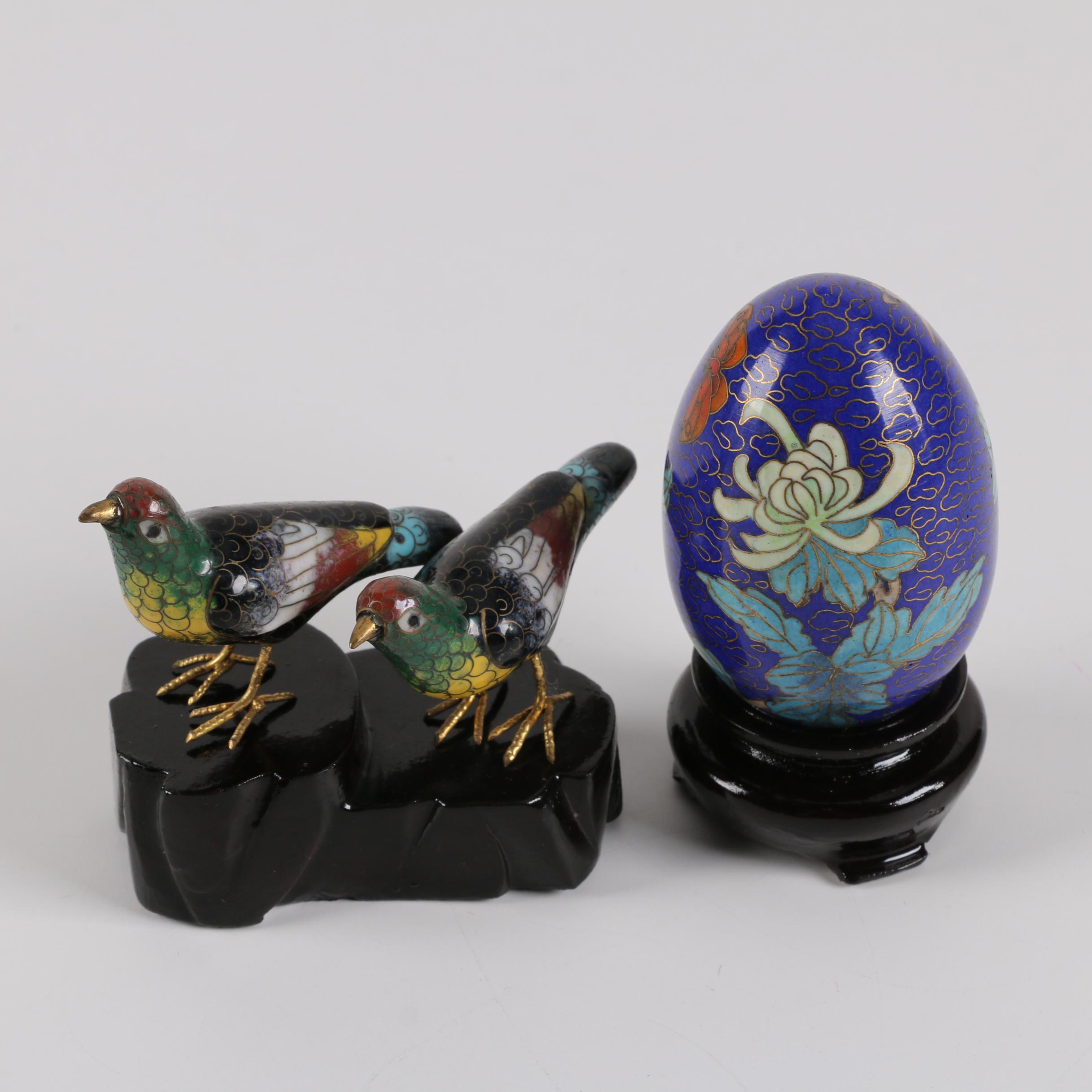 Chinese Cloisonné Egg and Bird Figurines With Stands