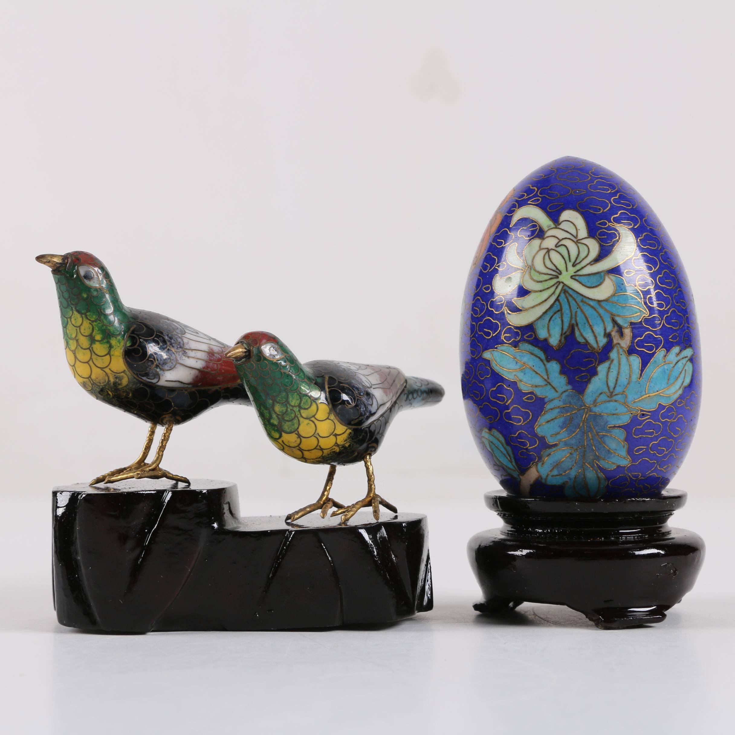 Chinese Cloisonné Egg and Bird Figurines With Stands