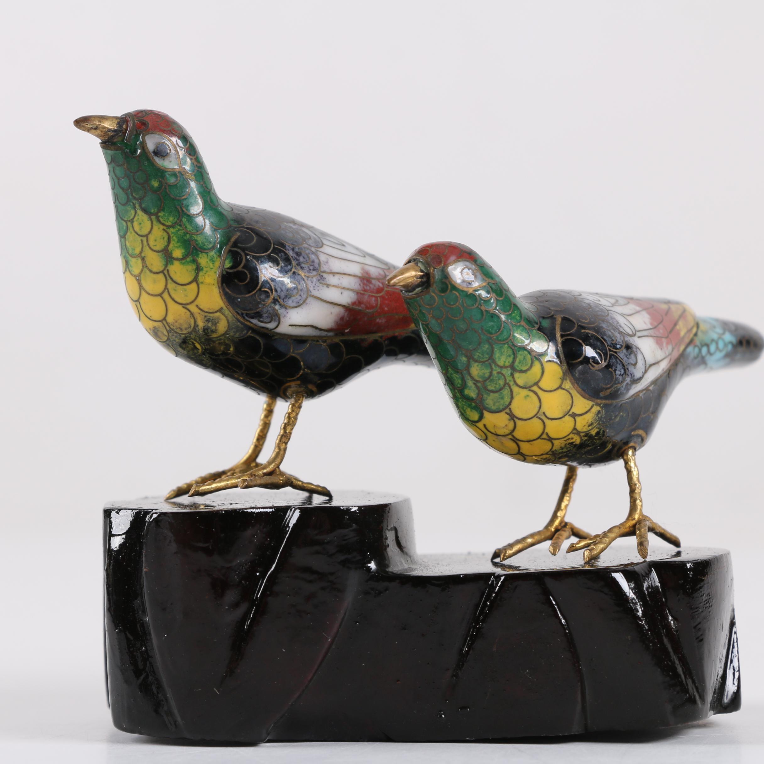 Chinese Cloisonné Egg and Bird Figurines With Stands