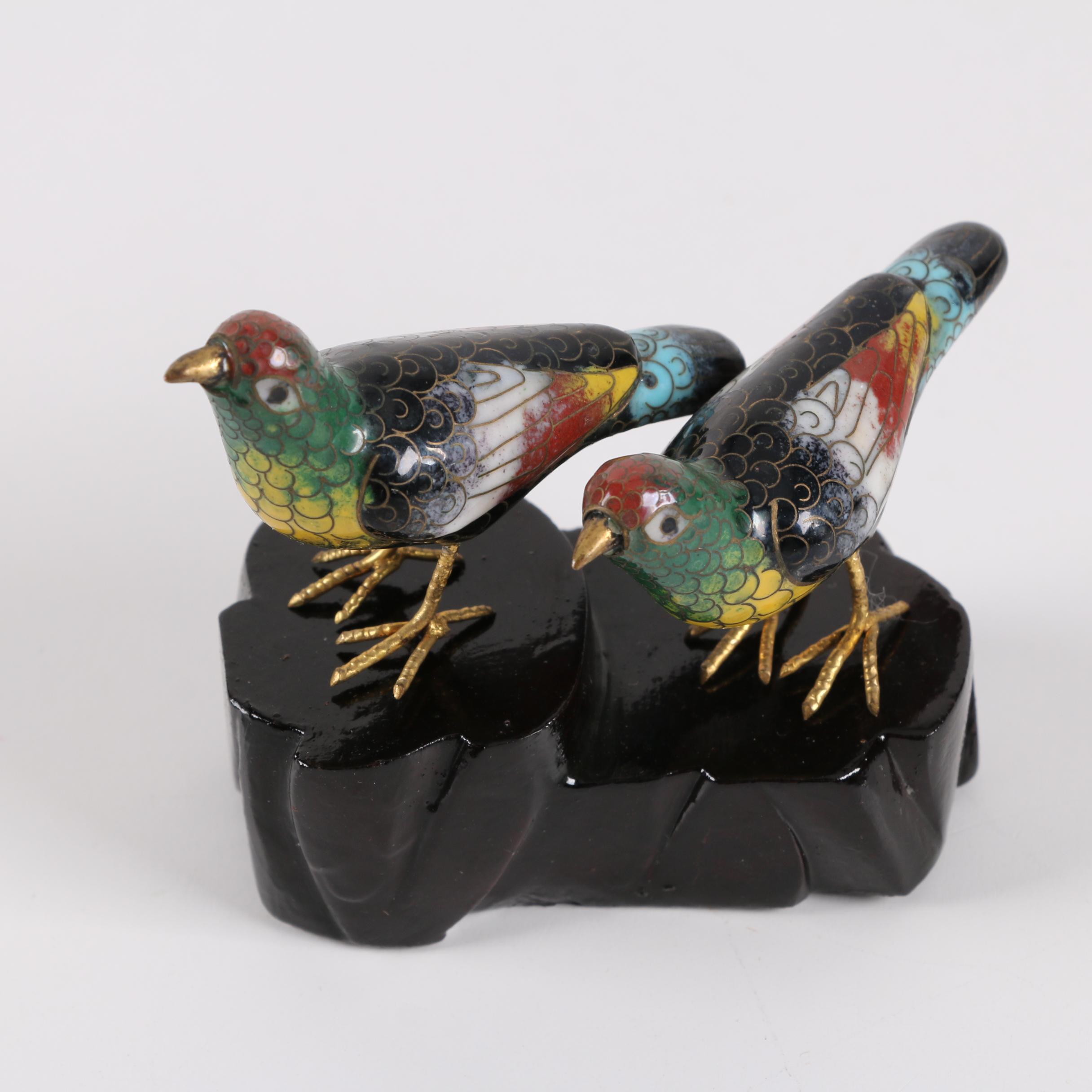 Chinese Cloisonné Egg and Bird Figurines With Stands