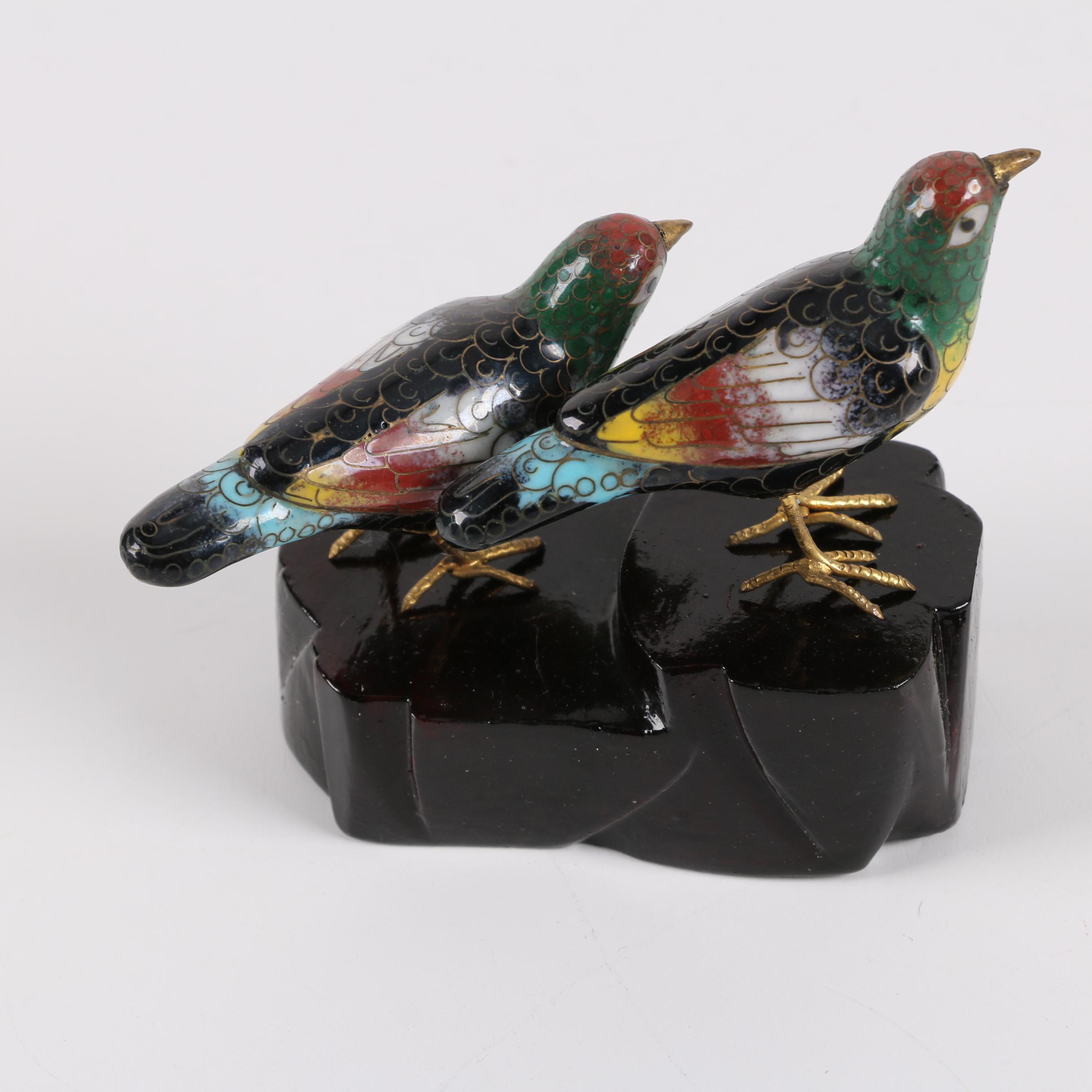 Chinese Cloisonné Egg and Bird Figurines With Stands
