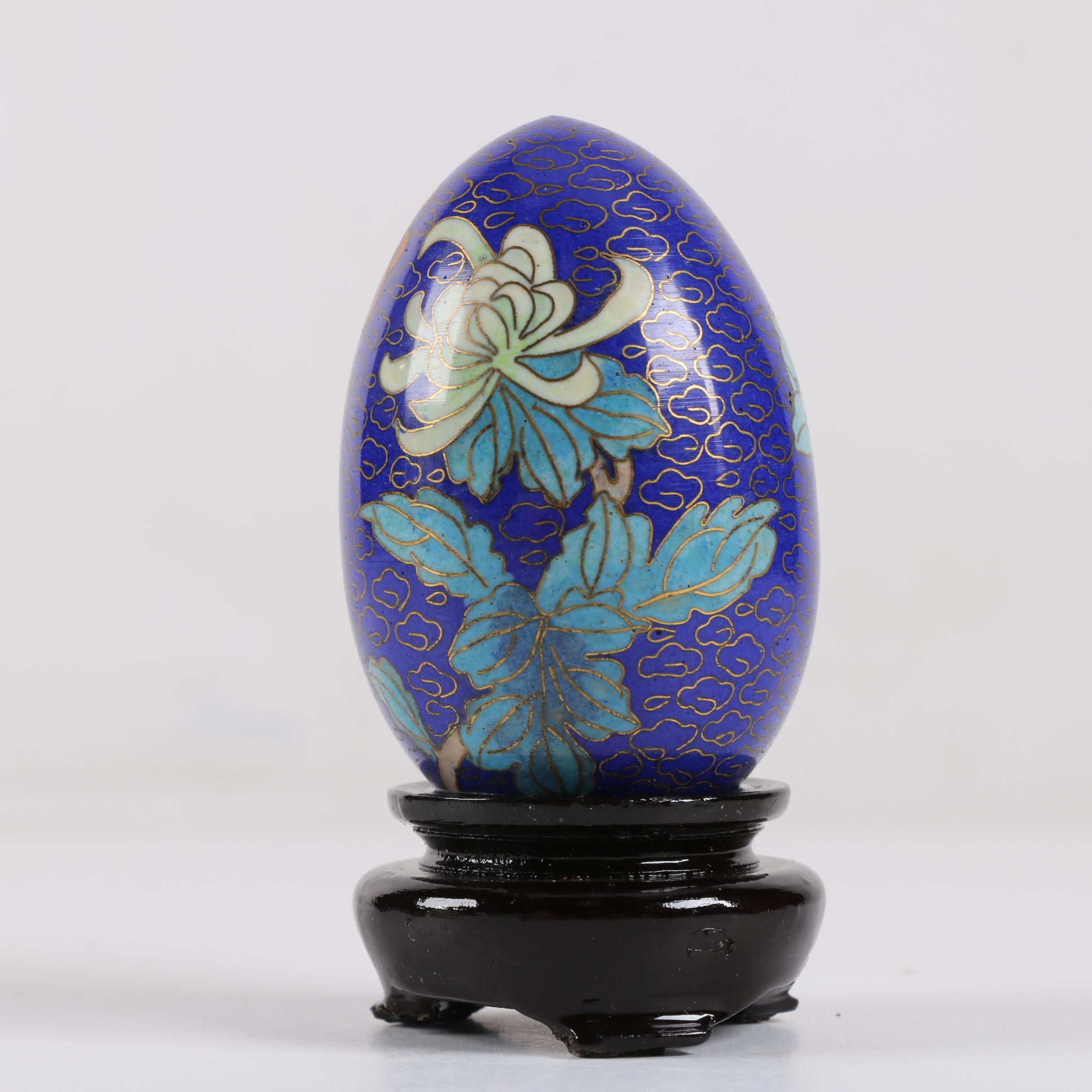 Chinese Cloisonné Egg and Bird Figurines With Stands