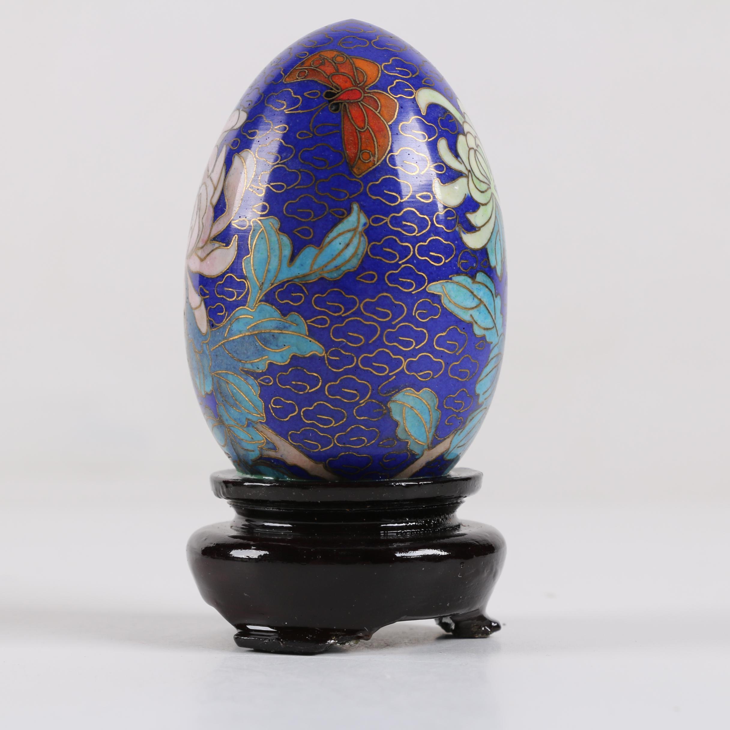 Chinese Cloisonné Egg and Bird Figurines With Stands