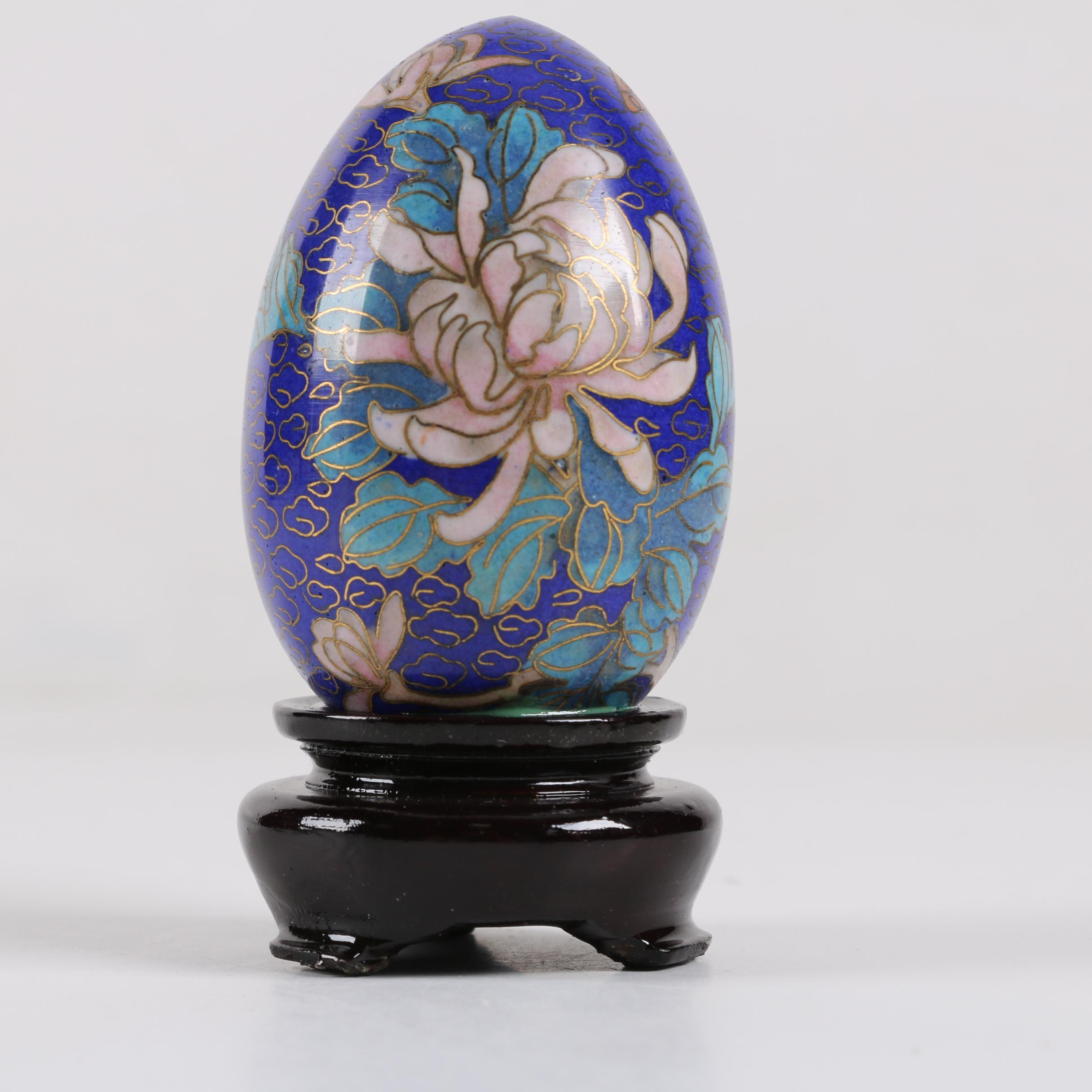 Chinese Cloisonné Egg and Bird Figurines With Stands