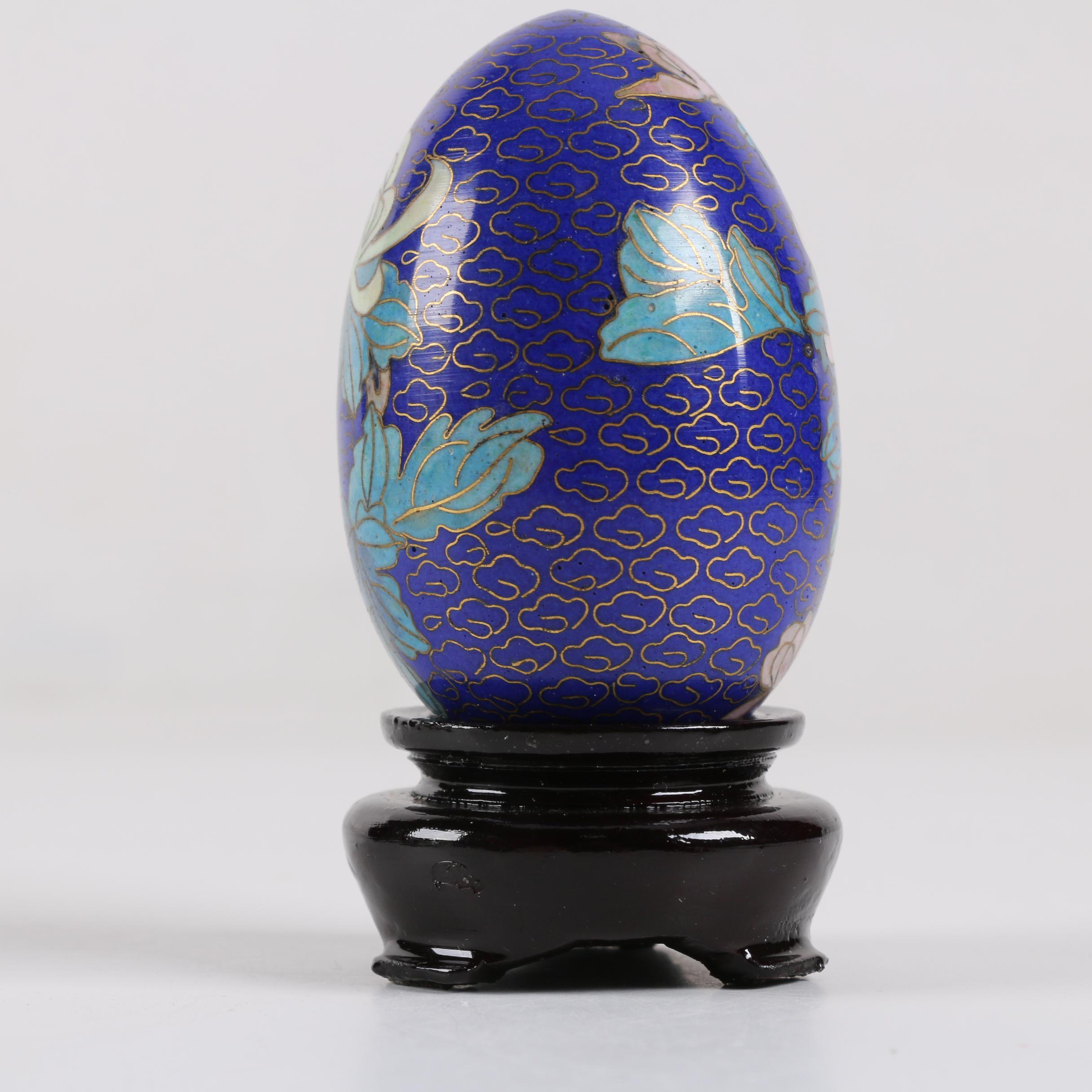 Chinese Cloisonné Egg and Bird Figurines With Stands