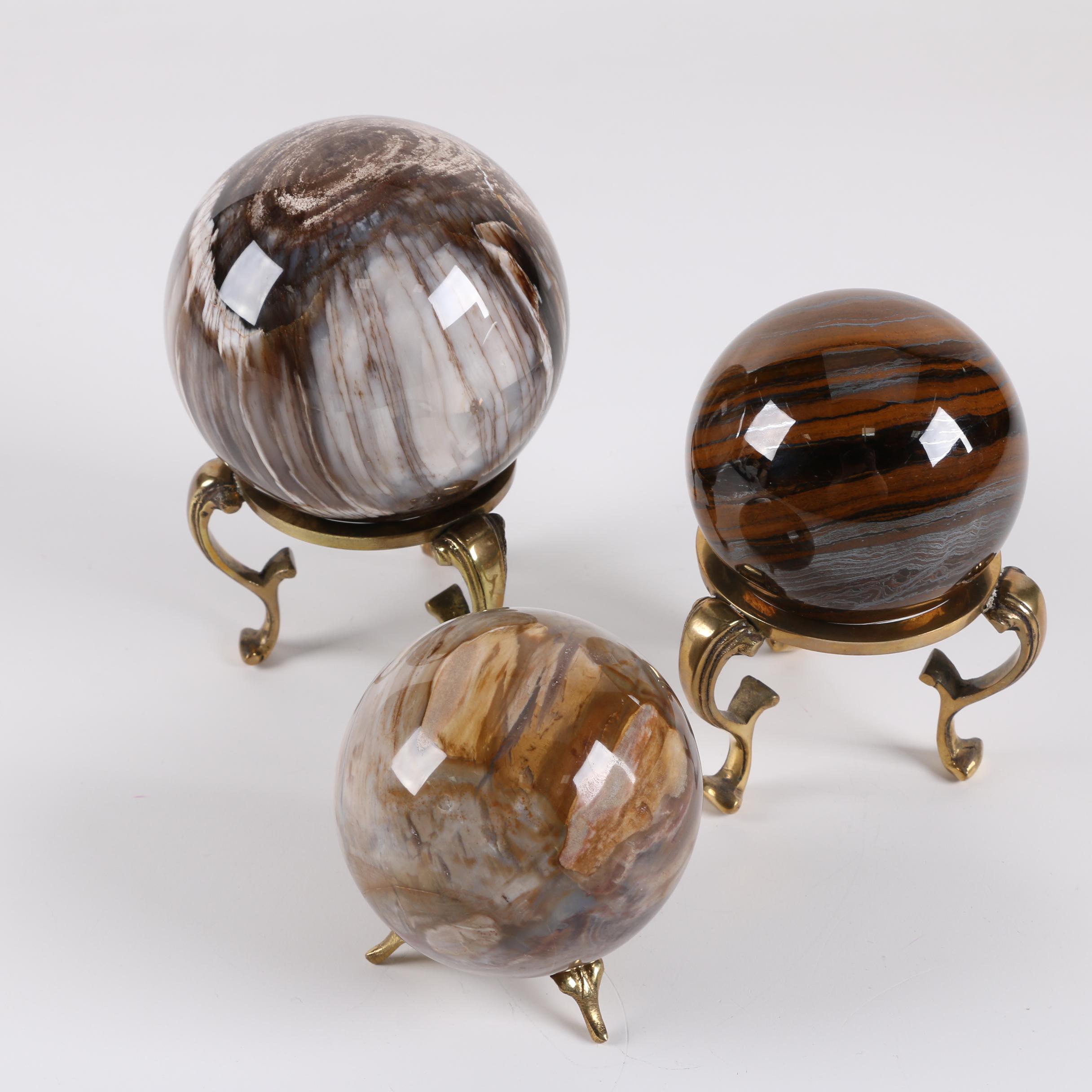 Polished Agate and Tiger's Eye Spheres with Brass Stands