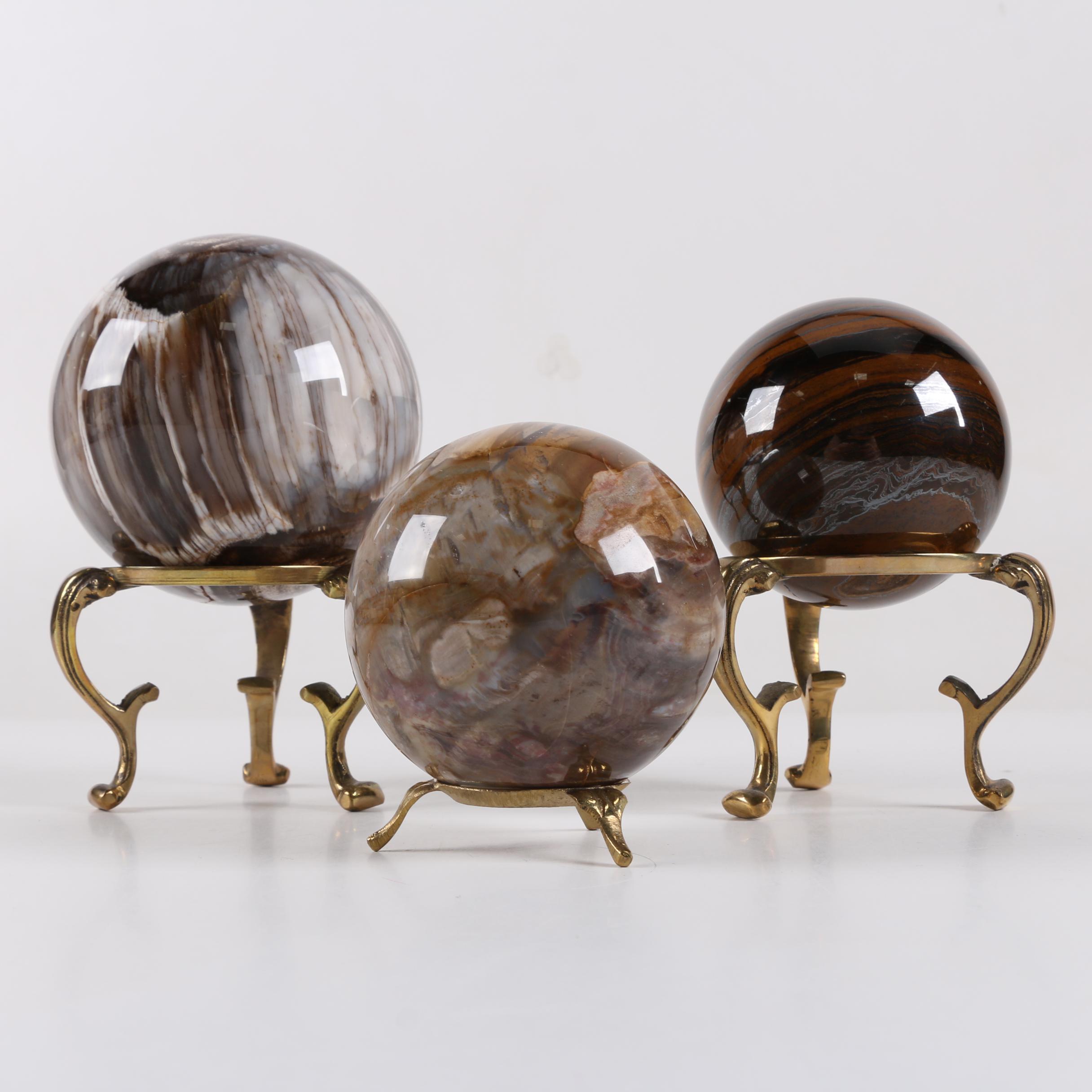 Polished Agate and Tiger's Eye Spheres with Brass Stands