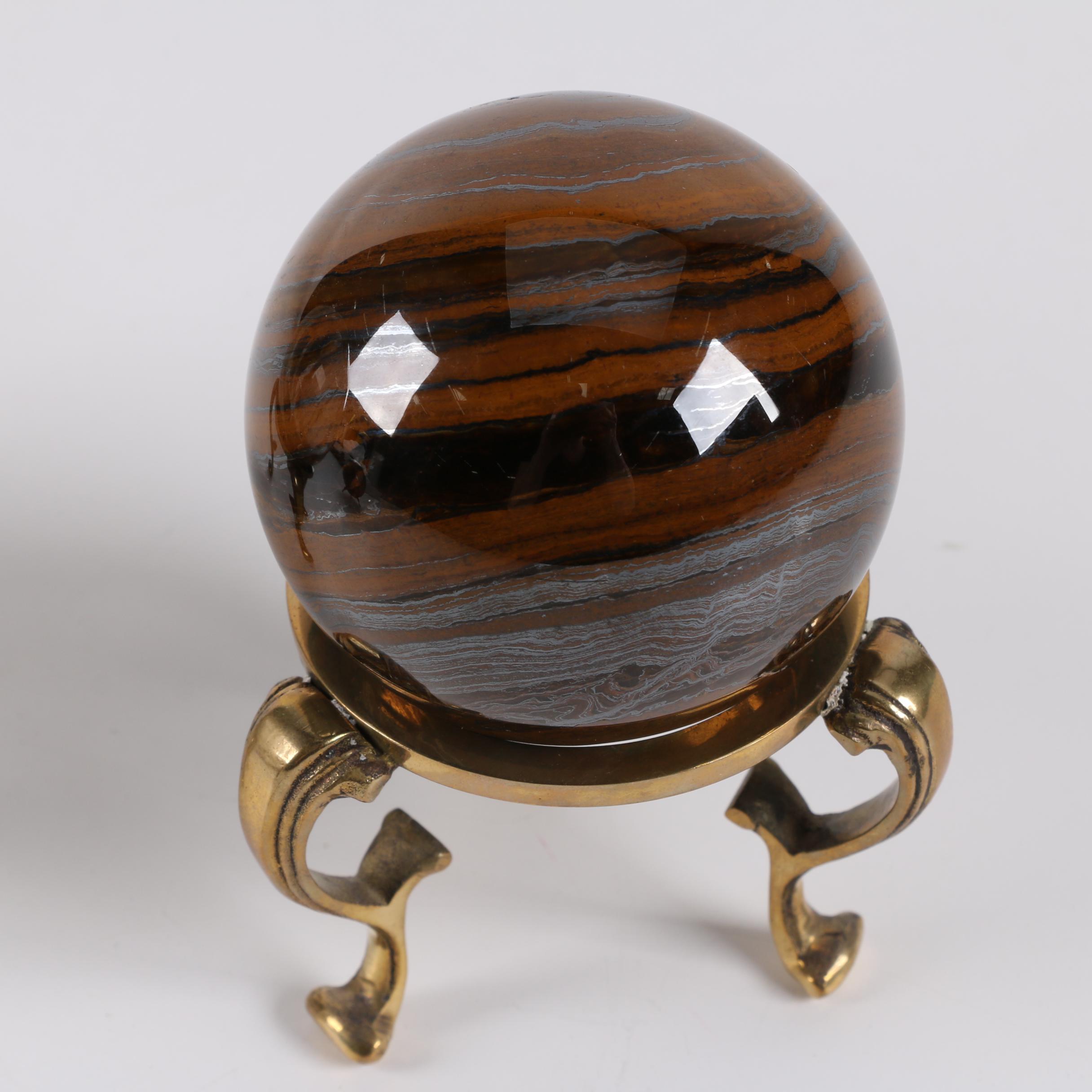 Polished Agate and Tiger's Eye Spheres with Brass Stands