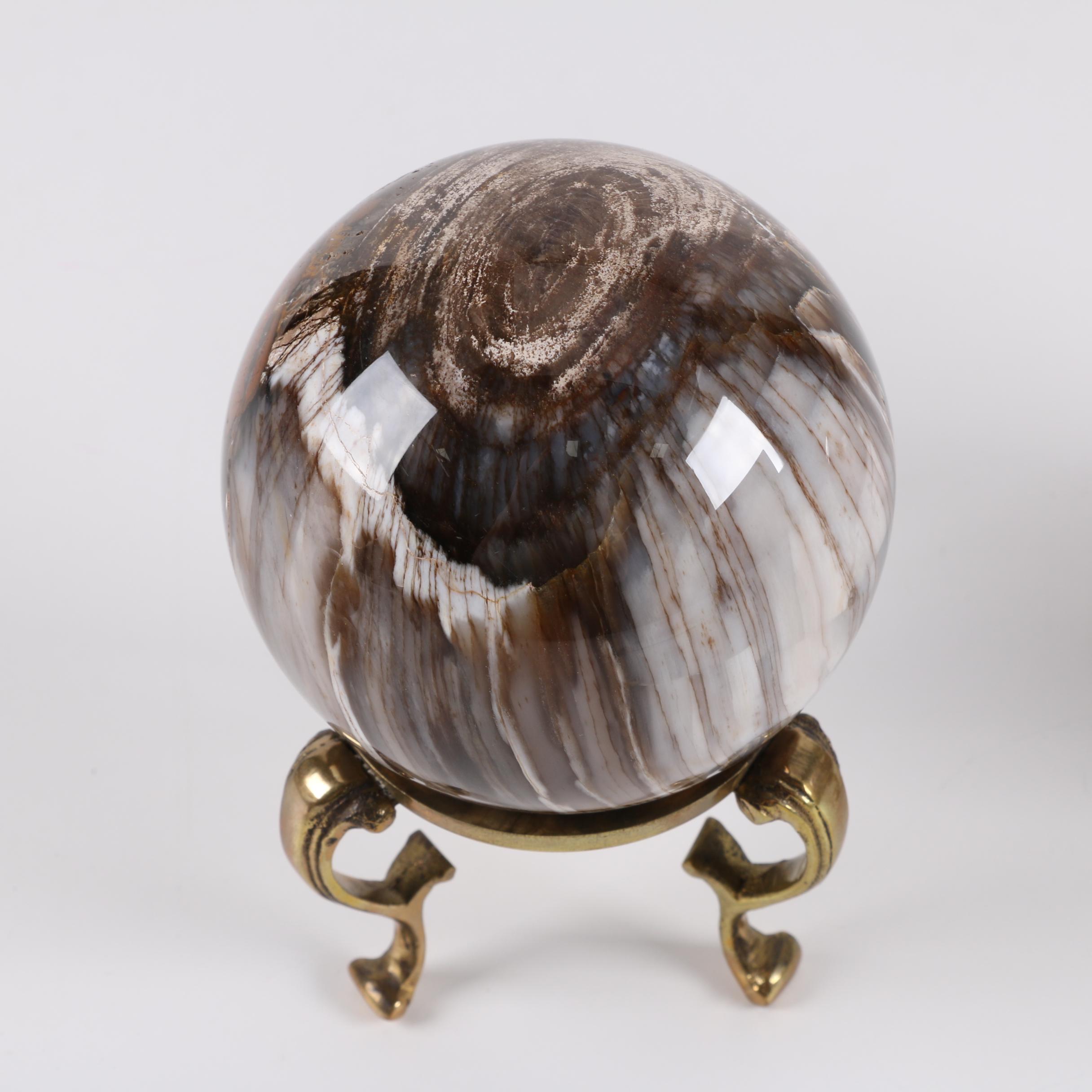 Polished Agate and Tiger's Eye Spheres with Brass Stands