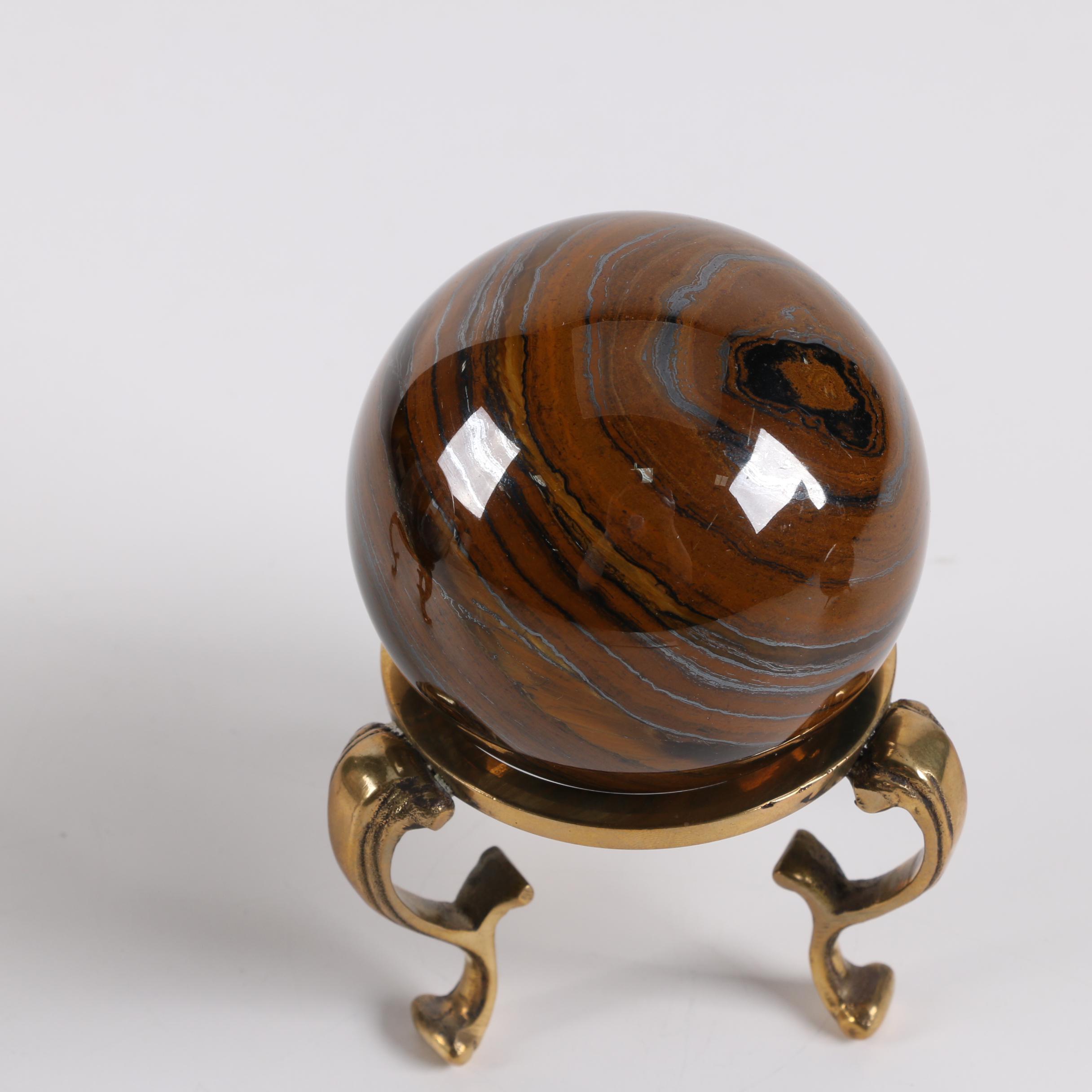 Polished Agate and Tiger's Eye Spheres with Brass Stands