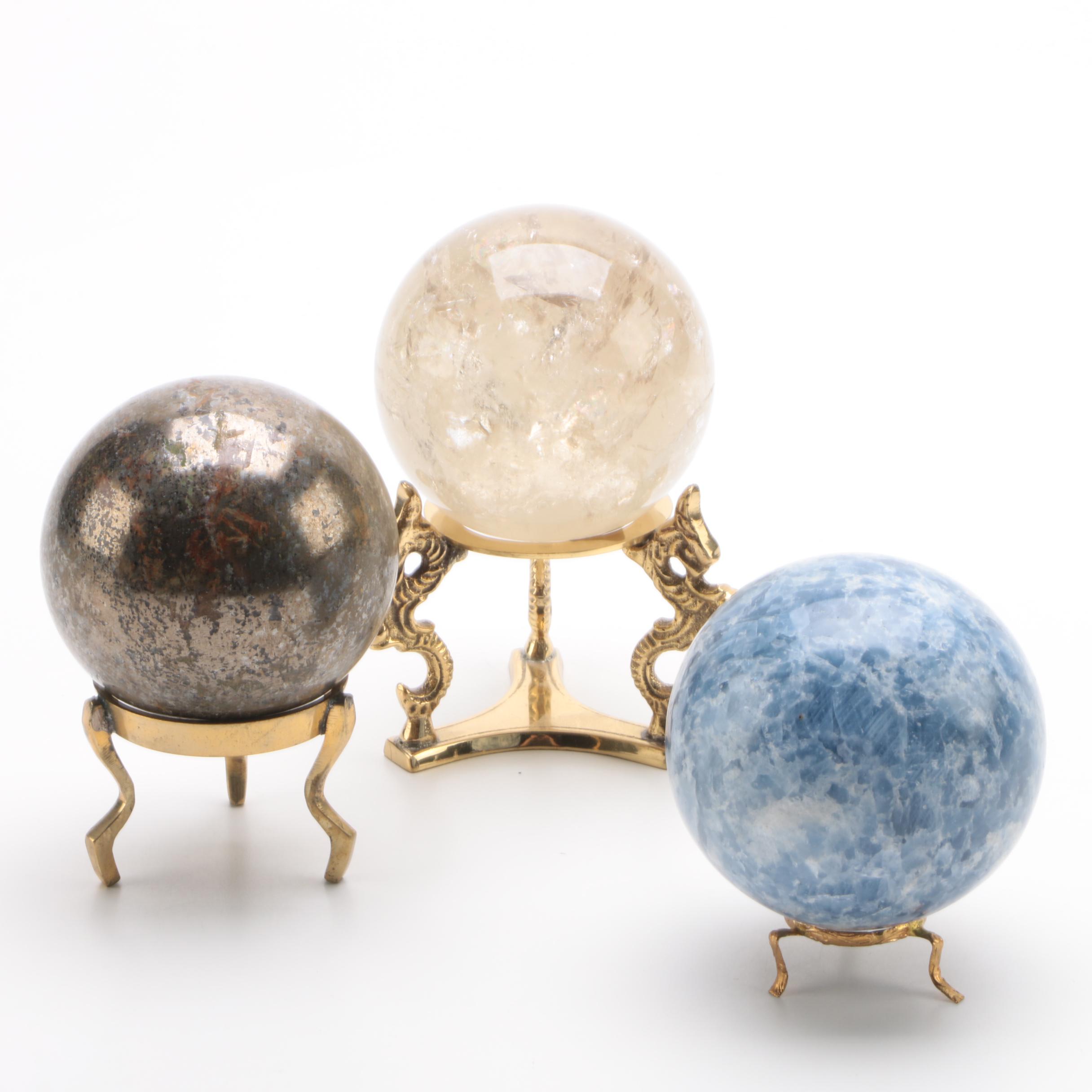 Calcite, Quartz, and Pyrite and Hematite Mix Spheres with Brass Stands