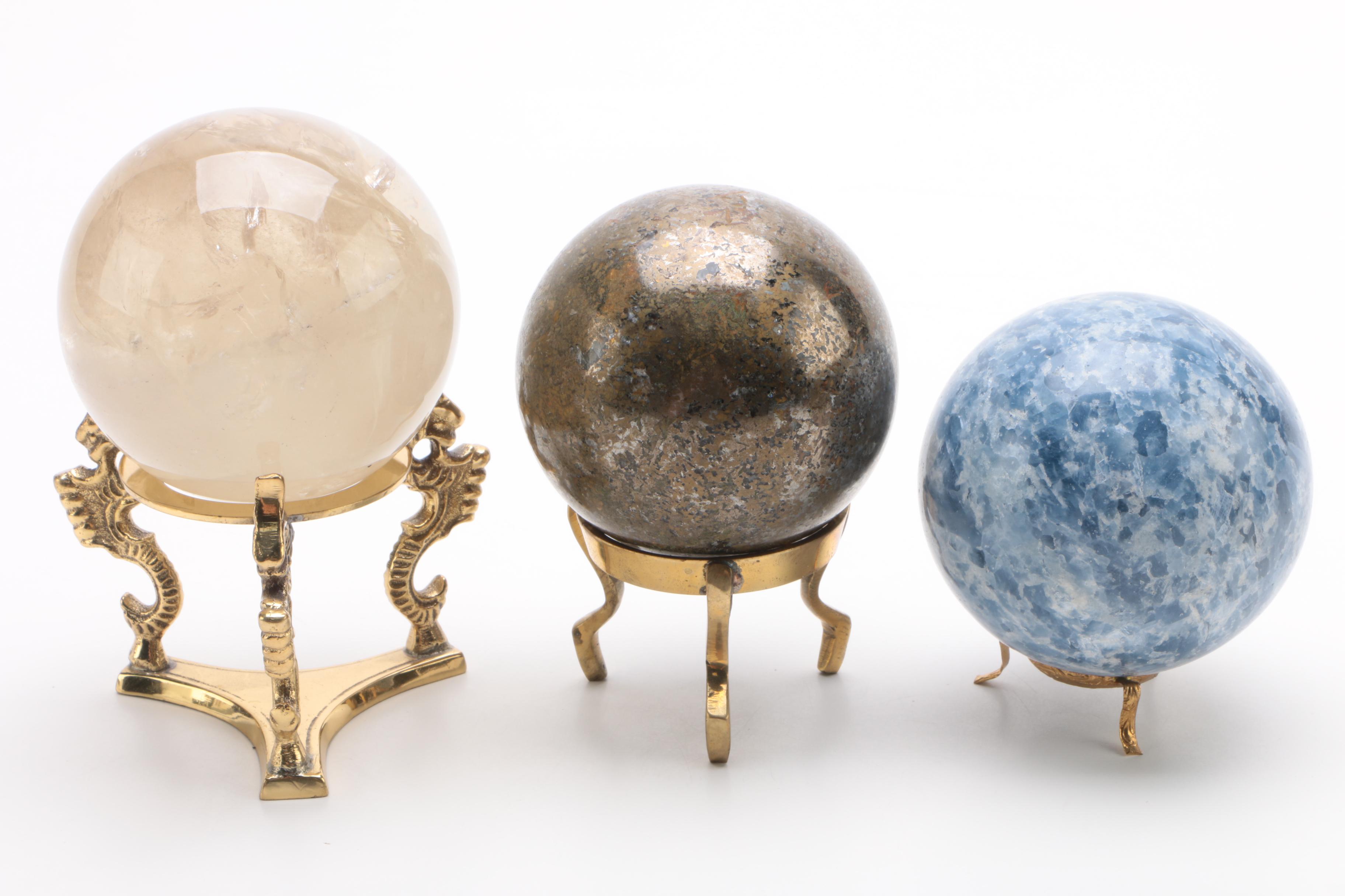 Calcite, Quartz, and Pyrite and Hematite Mix Spheres with Brass Stands