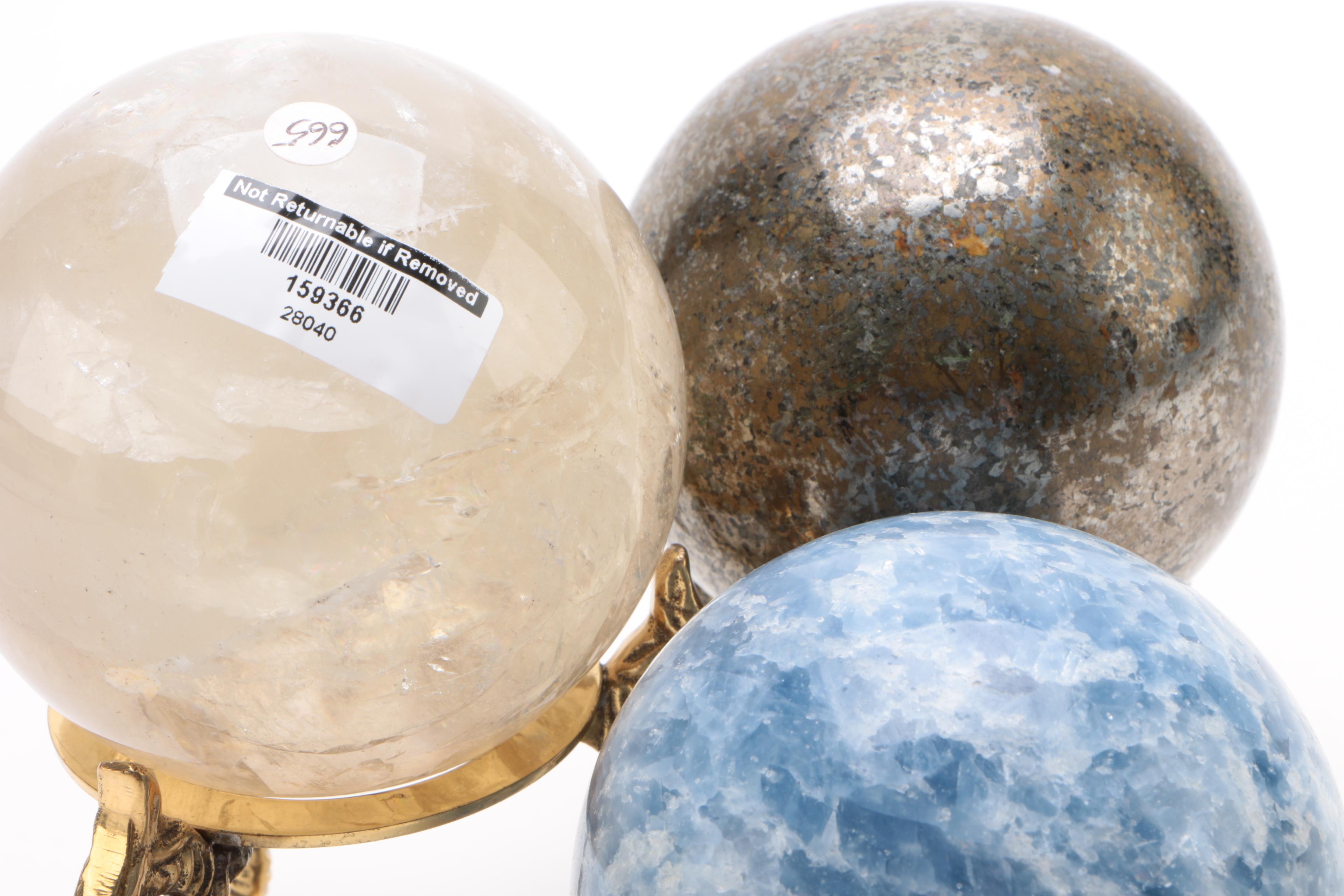 Calcite, Quartz, and Pyrite and Hematite Mix Spheres with Brass Stands