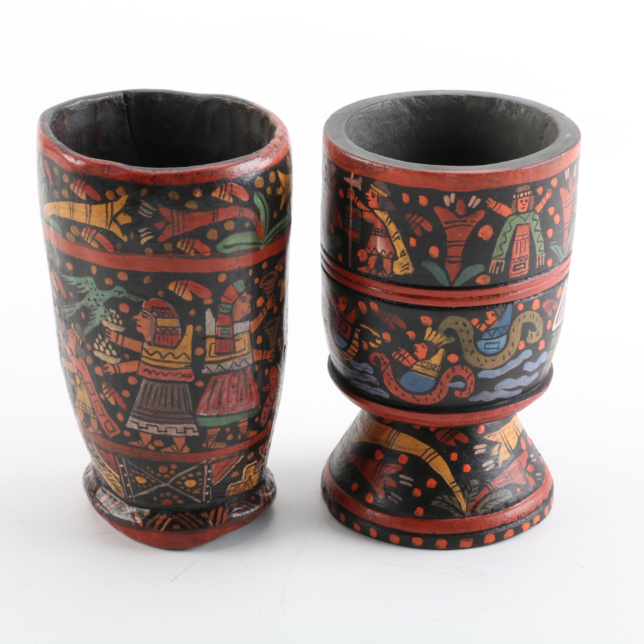 South American Inspired Hand-Painted Carved Wood Vessels