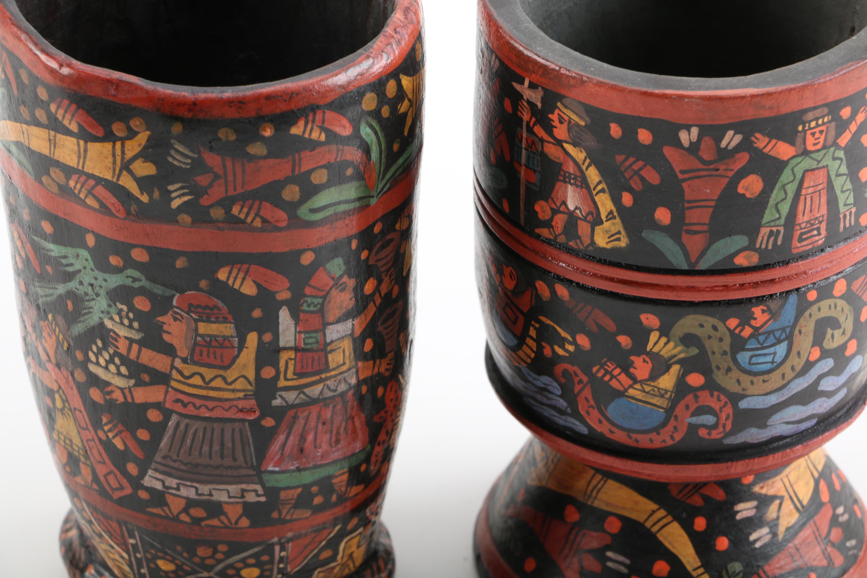 South American Inspired Hand-Painted Carved Wood Vessels