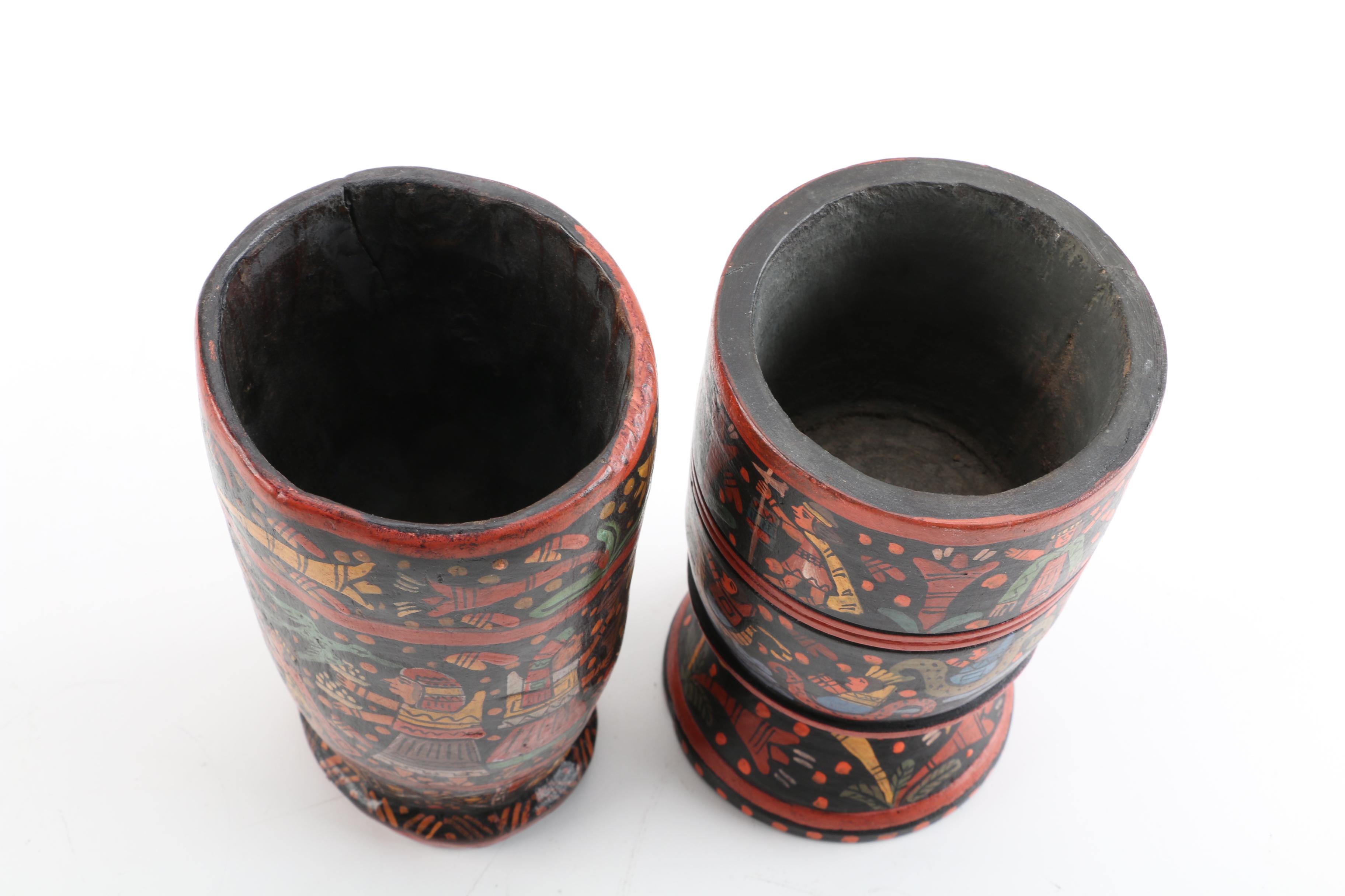South American Inspired Hand-Painted Carved Wood Vessels