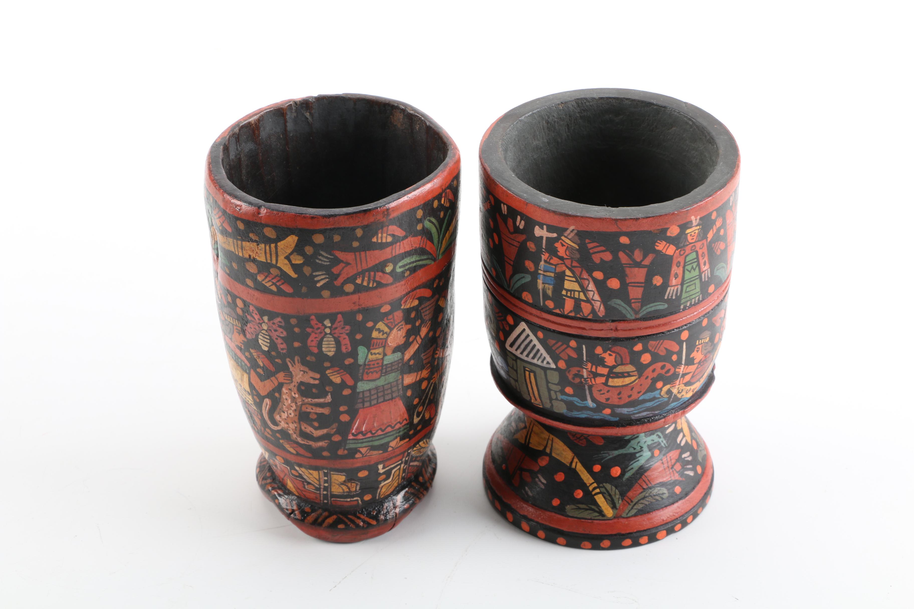 South American Inspired Hand-Painted Carved Wood Vessels
