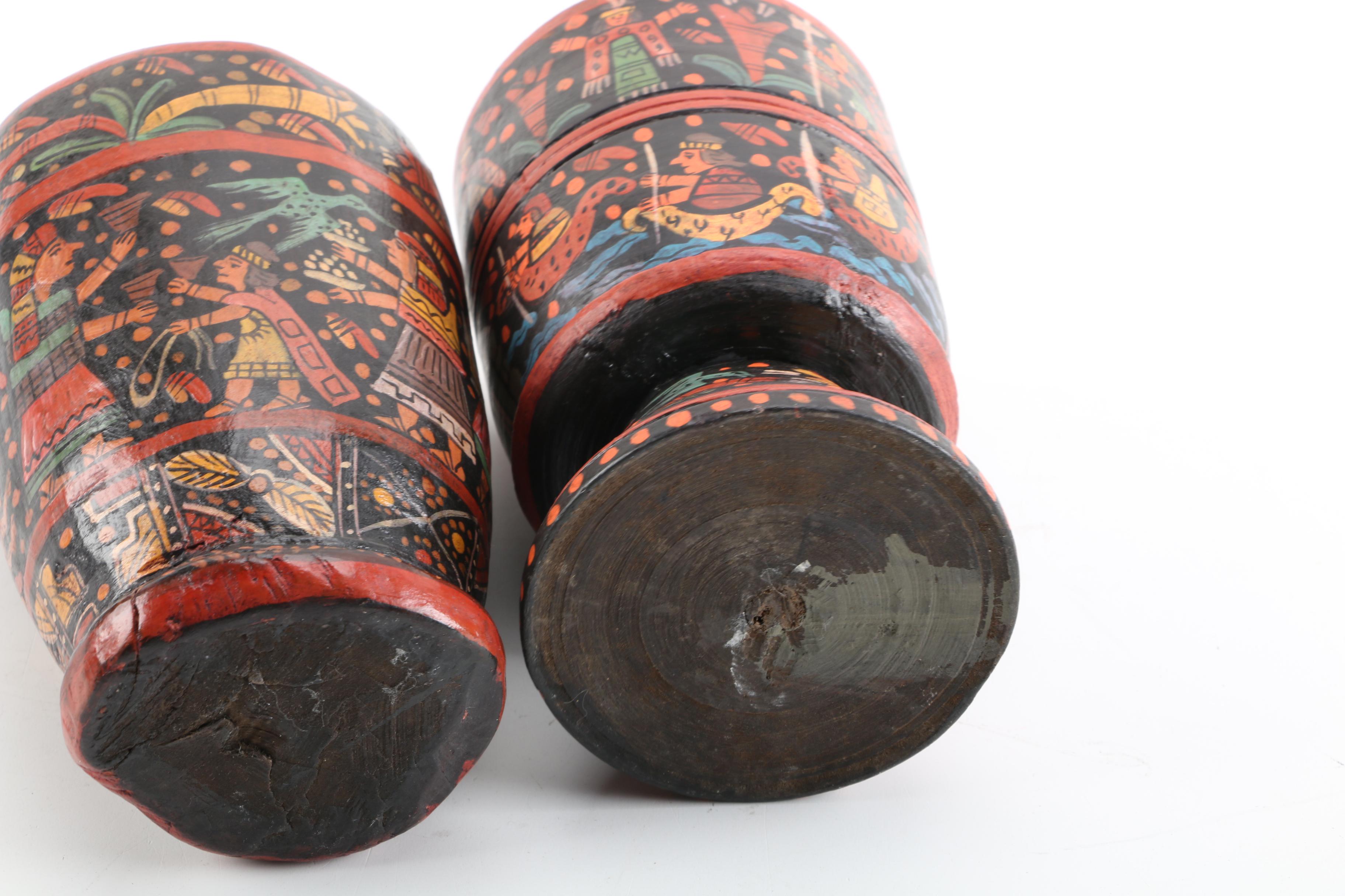 South American Inspired Hand-Painted Carved Wood Vessels