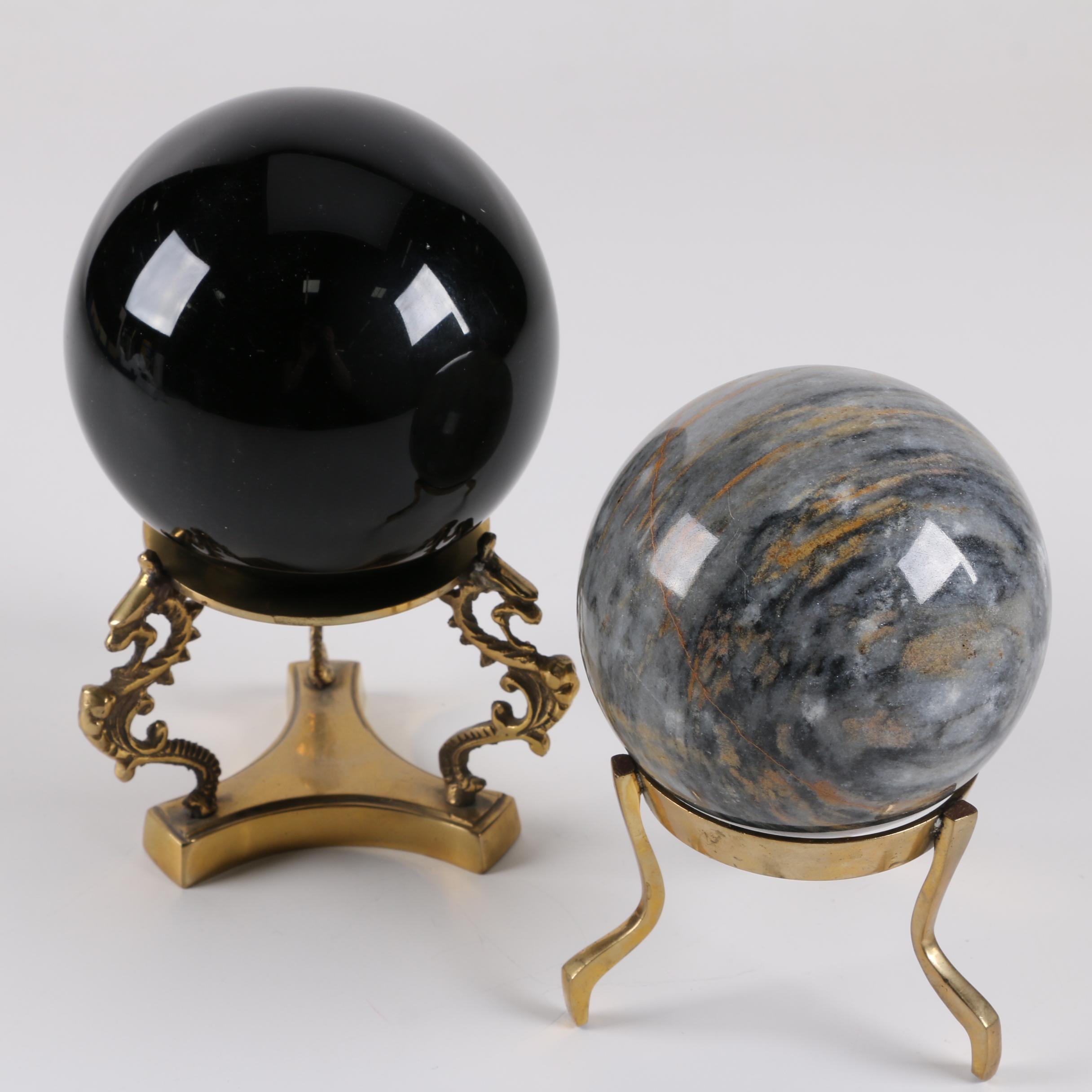Polished Marble and Black Glass Spheres with Brass Stands