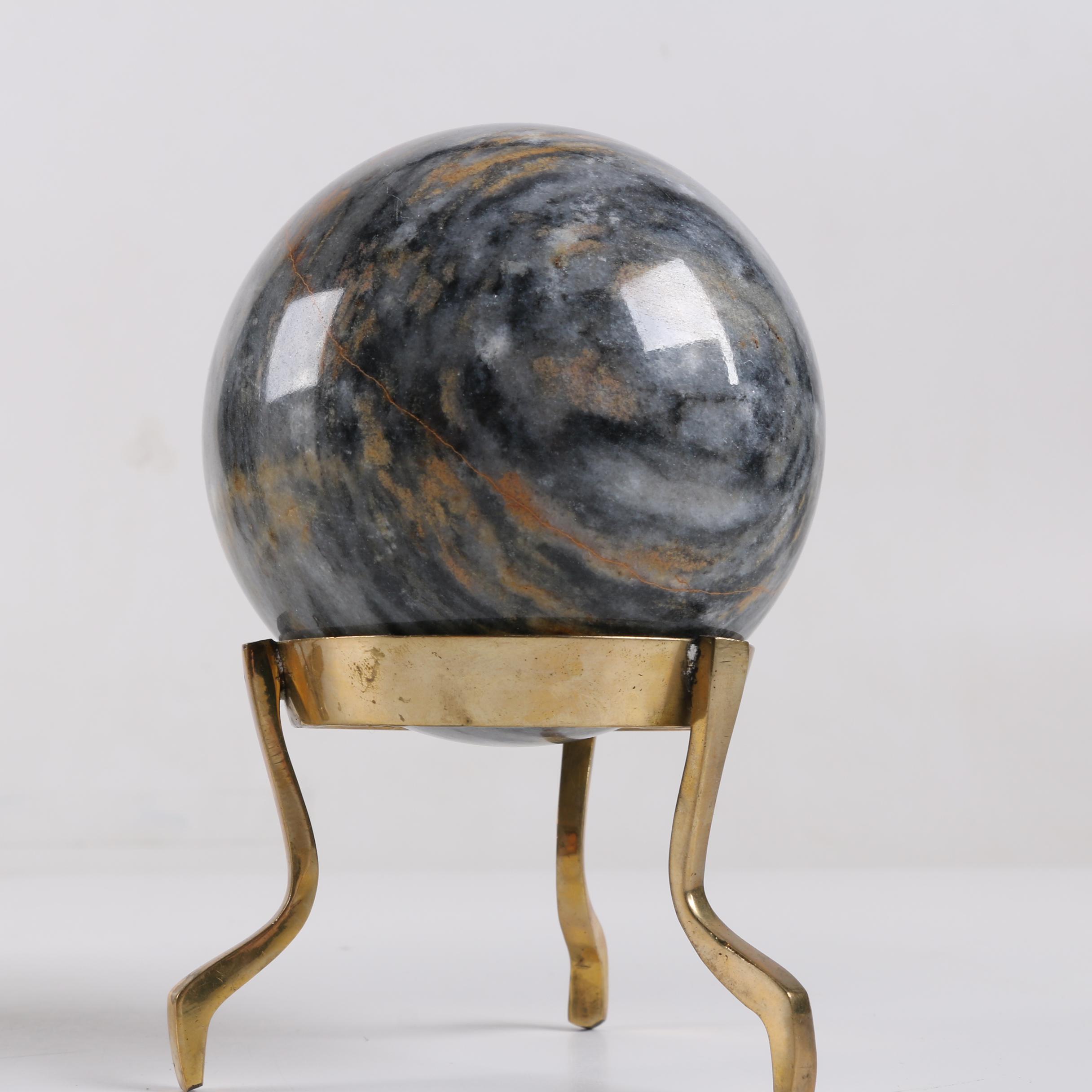 Polished Marble and Black Glass Spheres with Brass Stands
