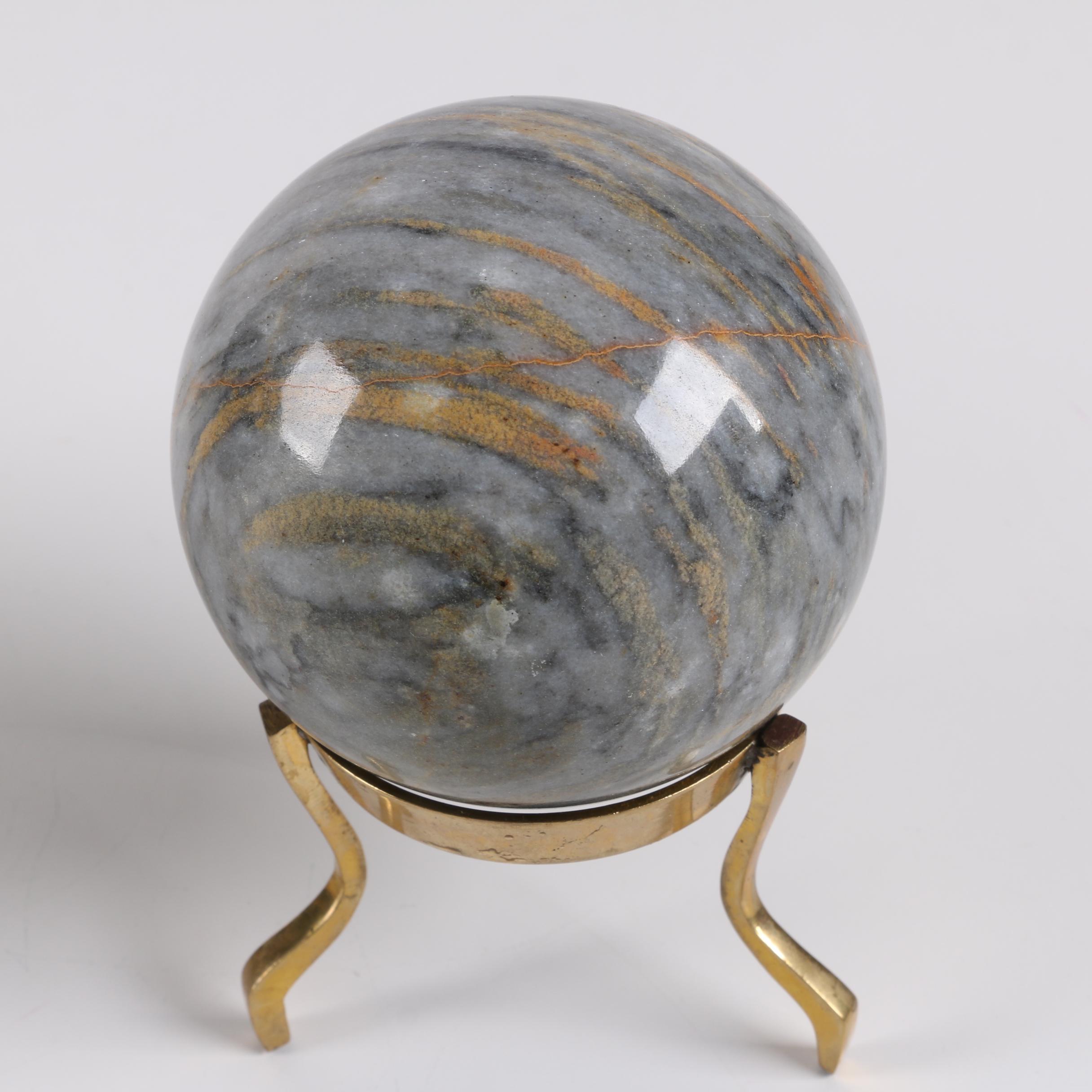 Polished Marble and Black Glass Spheres with Brass Stands