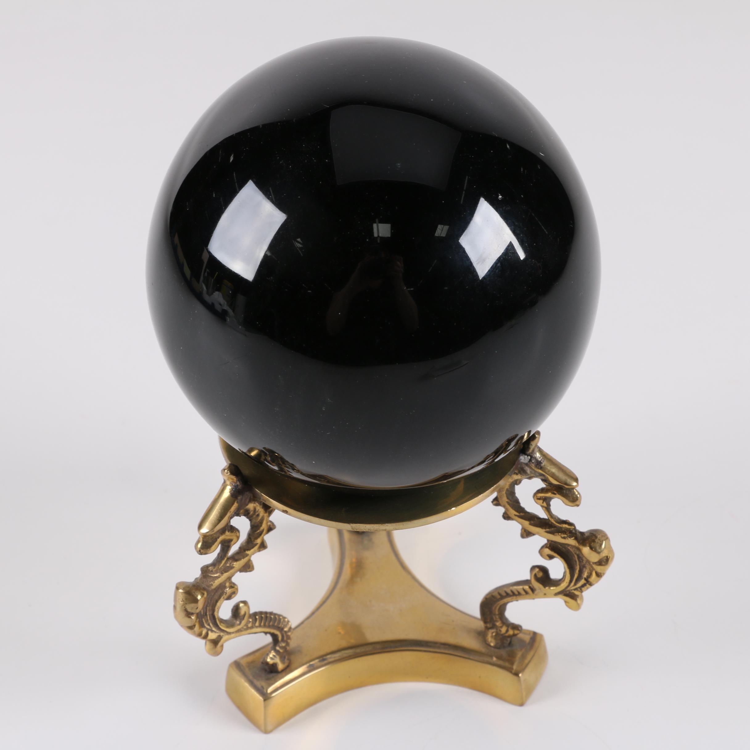 Polished Marble and Black Glass Spheres with Brass Stands