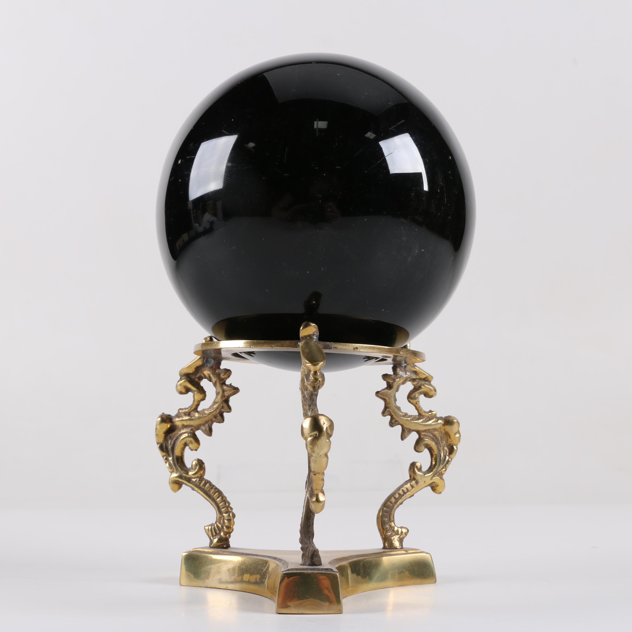 Polished Marble and Black Glass Spheres with Brass Stands