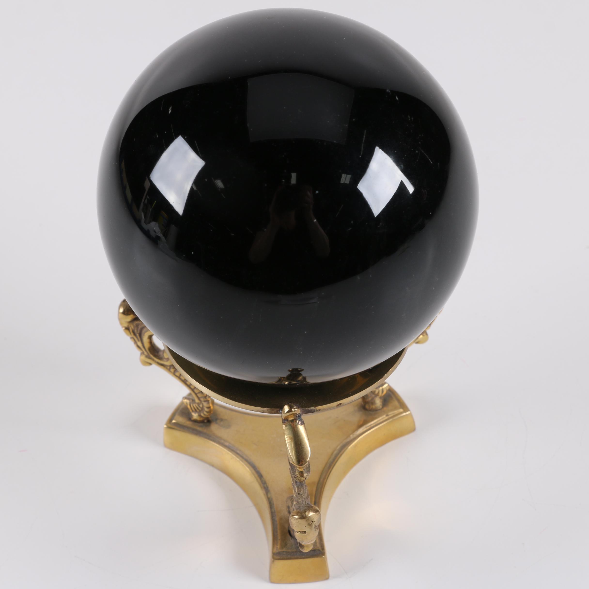 Polished Marble and Black Glass Spheres with Brass Stands
