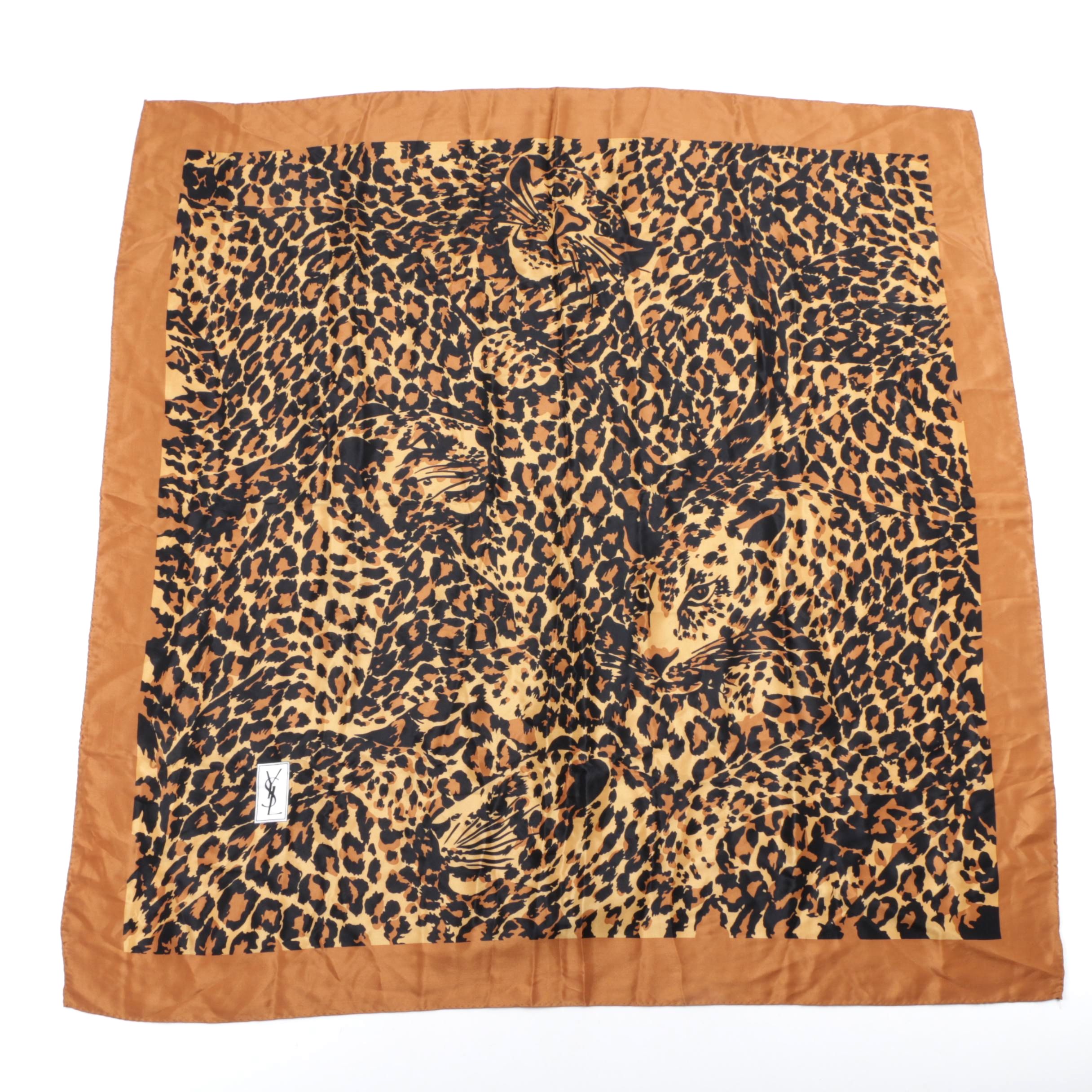 Yves Saint Laurent Leopard Print Silk Scarf with Hand-Stitched Hem