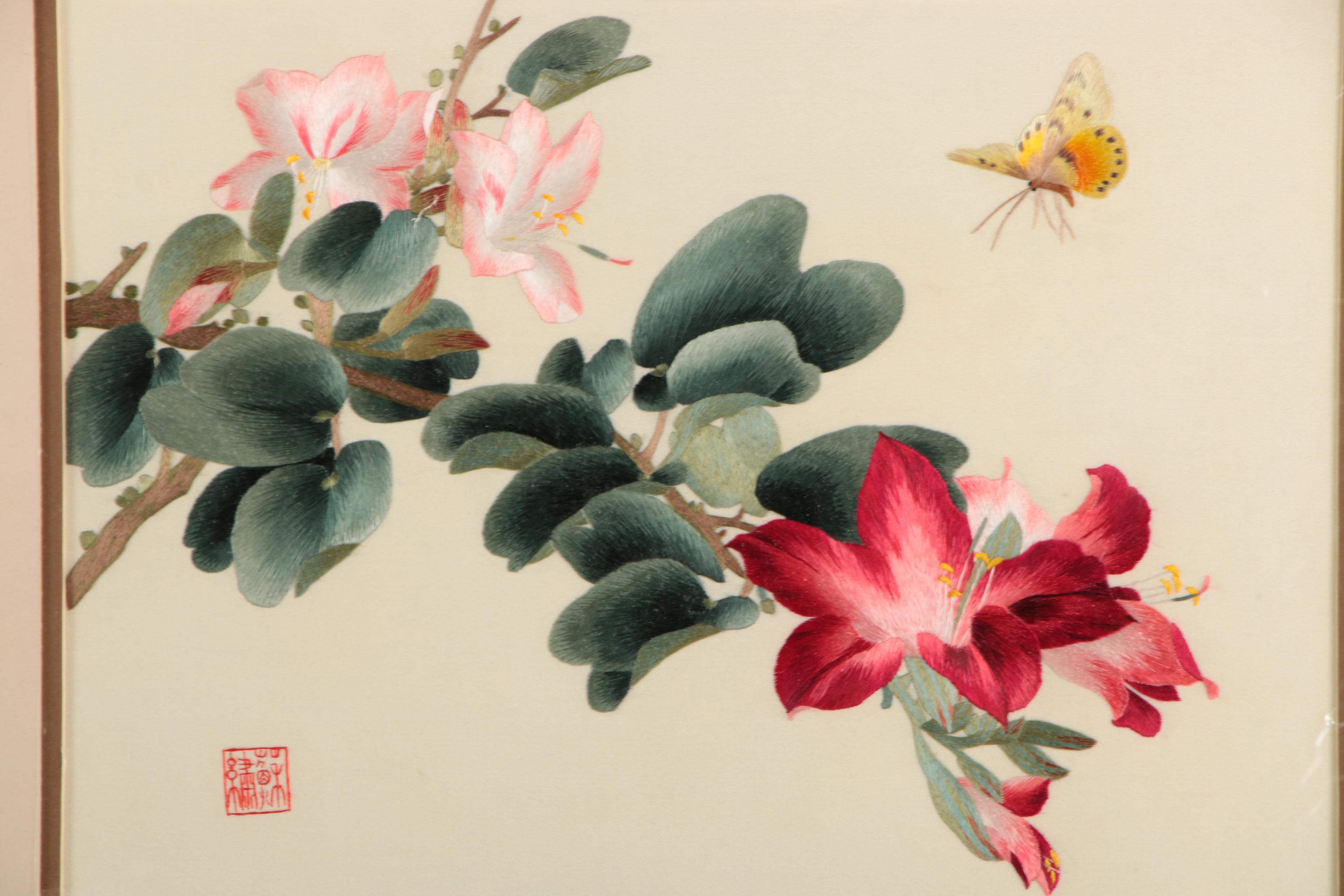 East Asian Silk Embroideries with Storage Box of Flowers and Insects