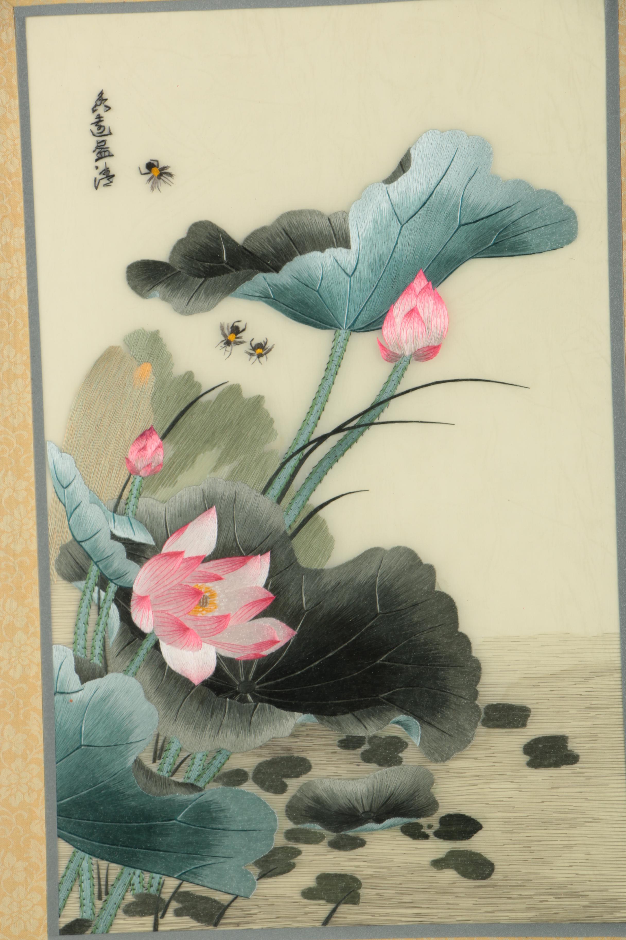 East Asian Silk Embroideries with Storage Box of Flowers and Insects