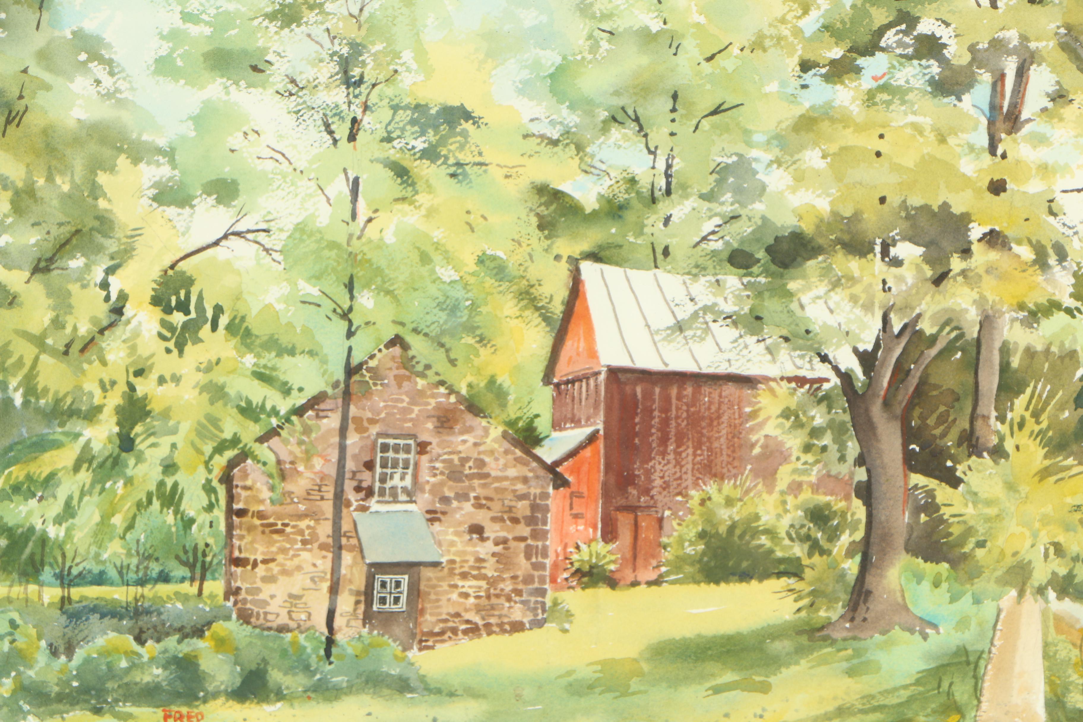 Fred Bees 1998 Watercolor Landscape Painting on Paper