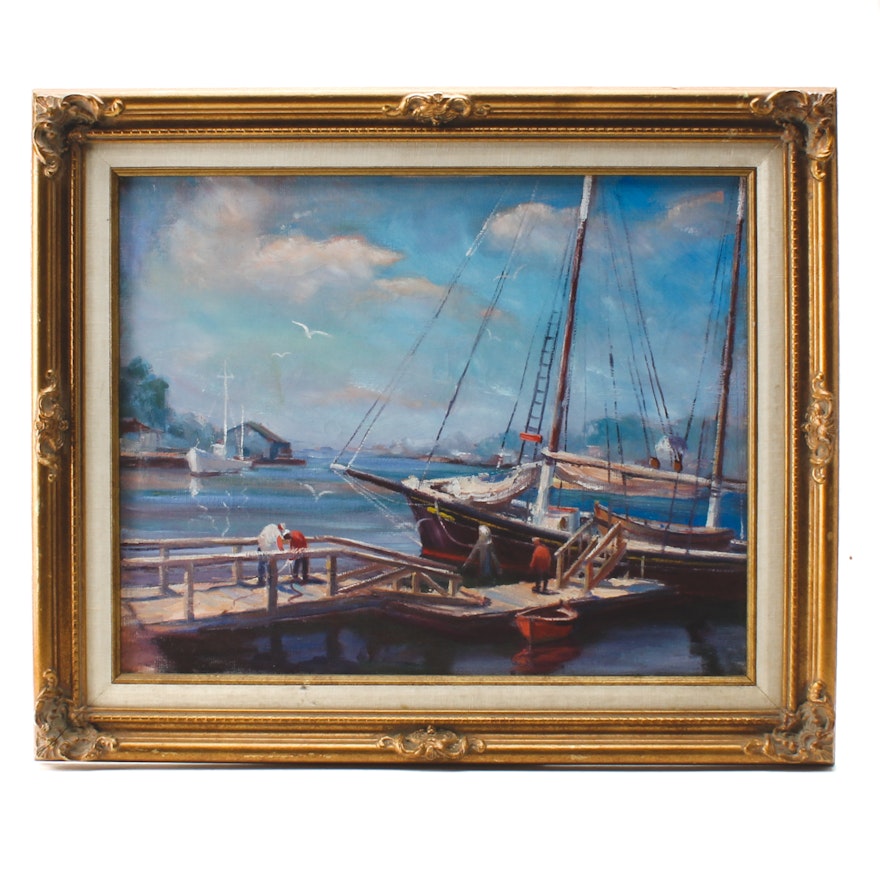 Wendell M. Rogers Oil Painting on Canvas of Harbor Scene
