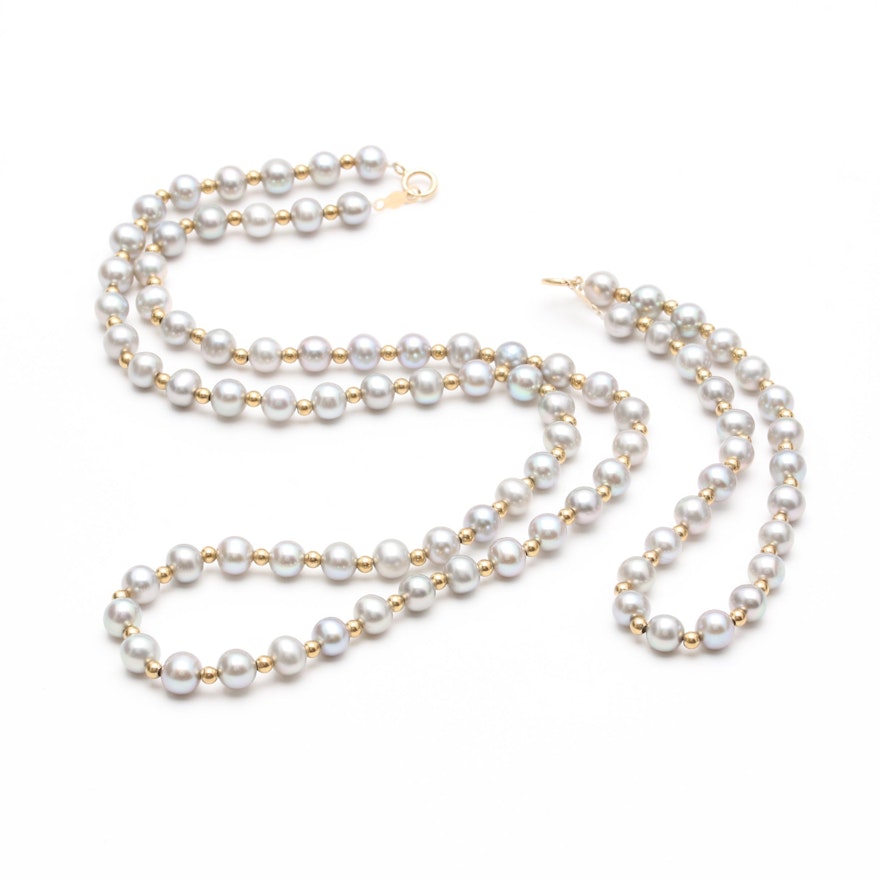 14K Yellow Gold Cultured Pearl Necklace and Bracelet