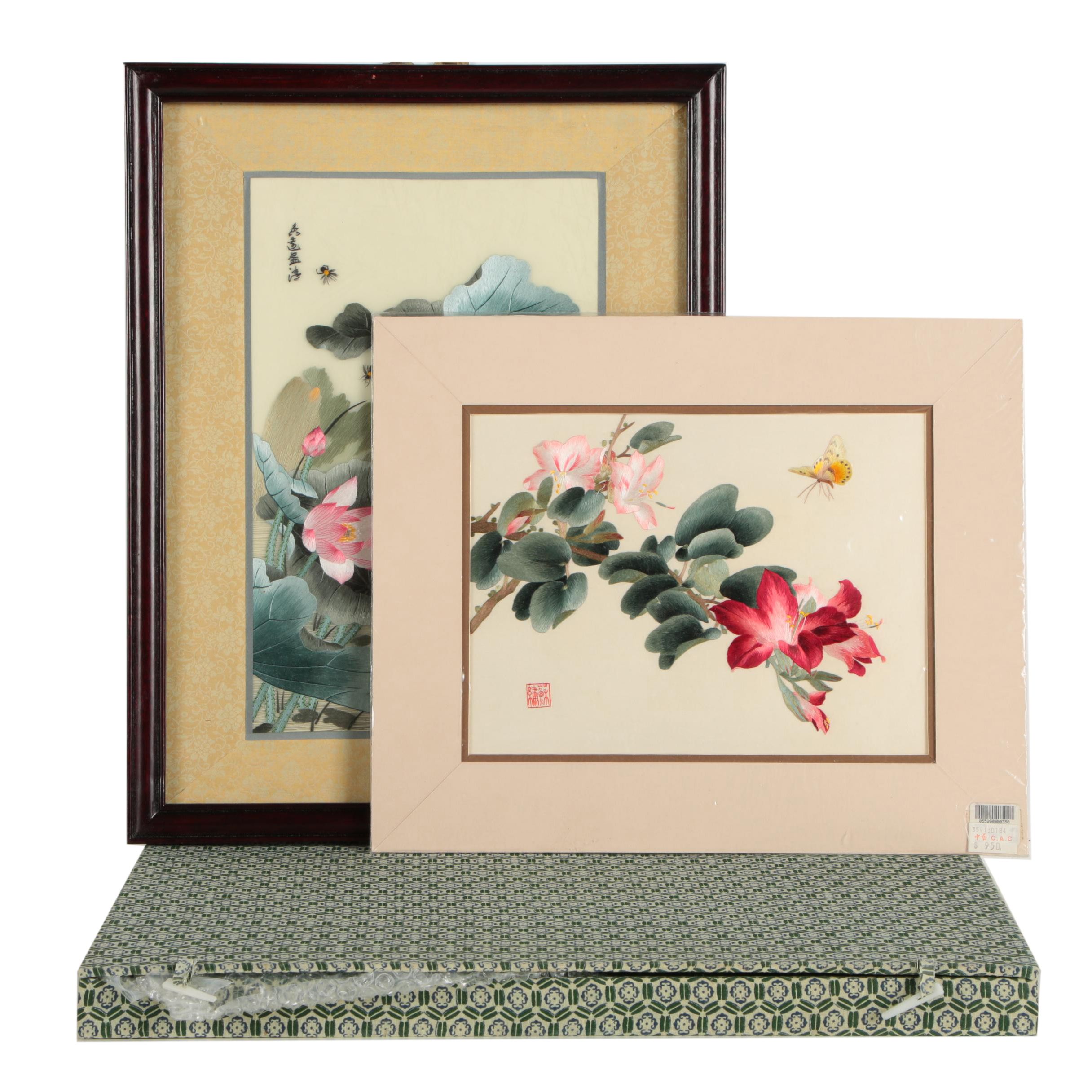 East Asian Silk Embroideries with Storage Box of Flowers and Insects
