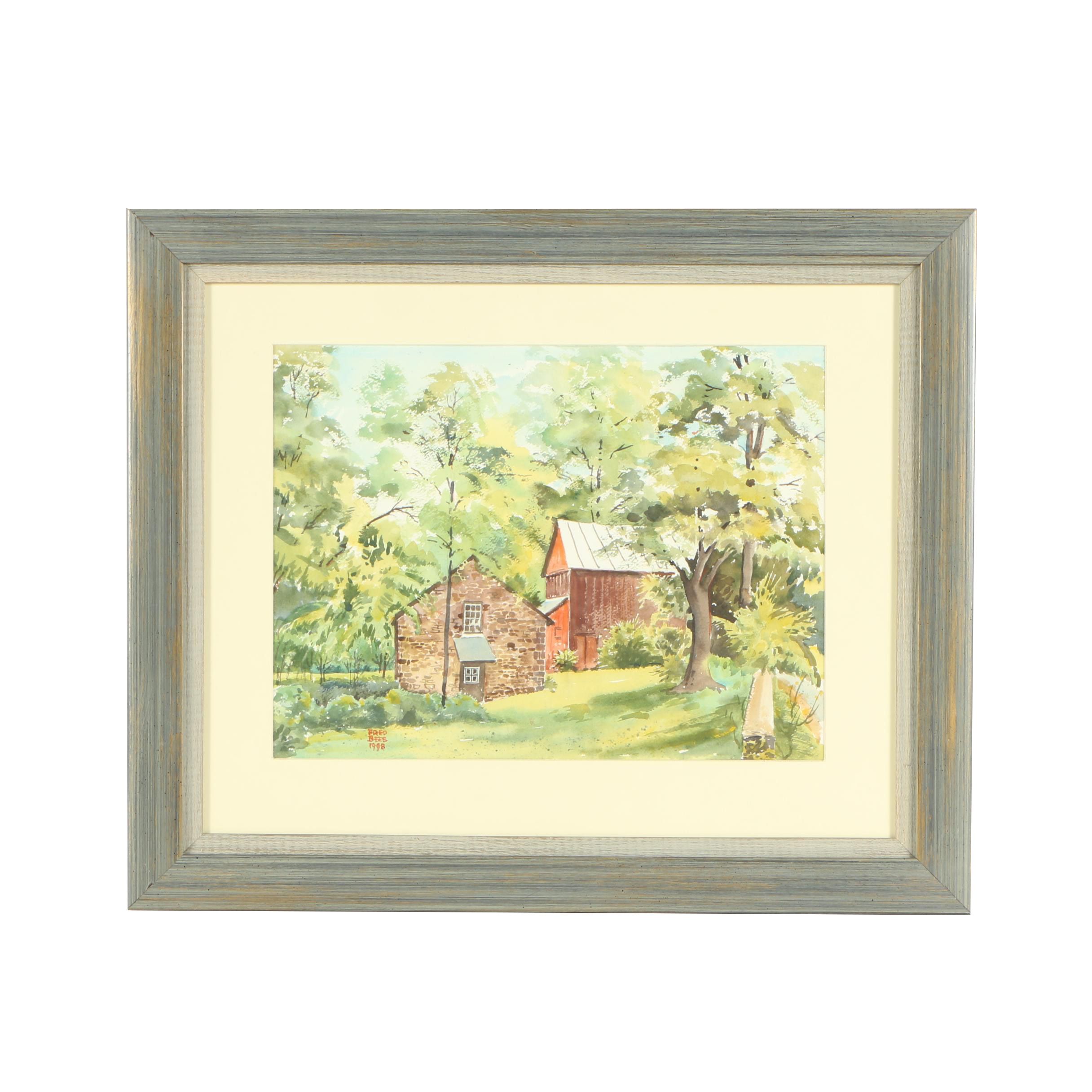 Fred Bees 1998 Watercolor Landscape Painting on Paper