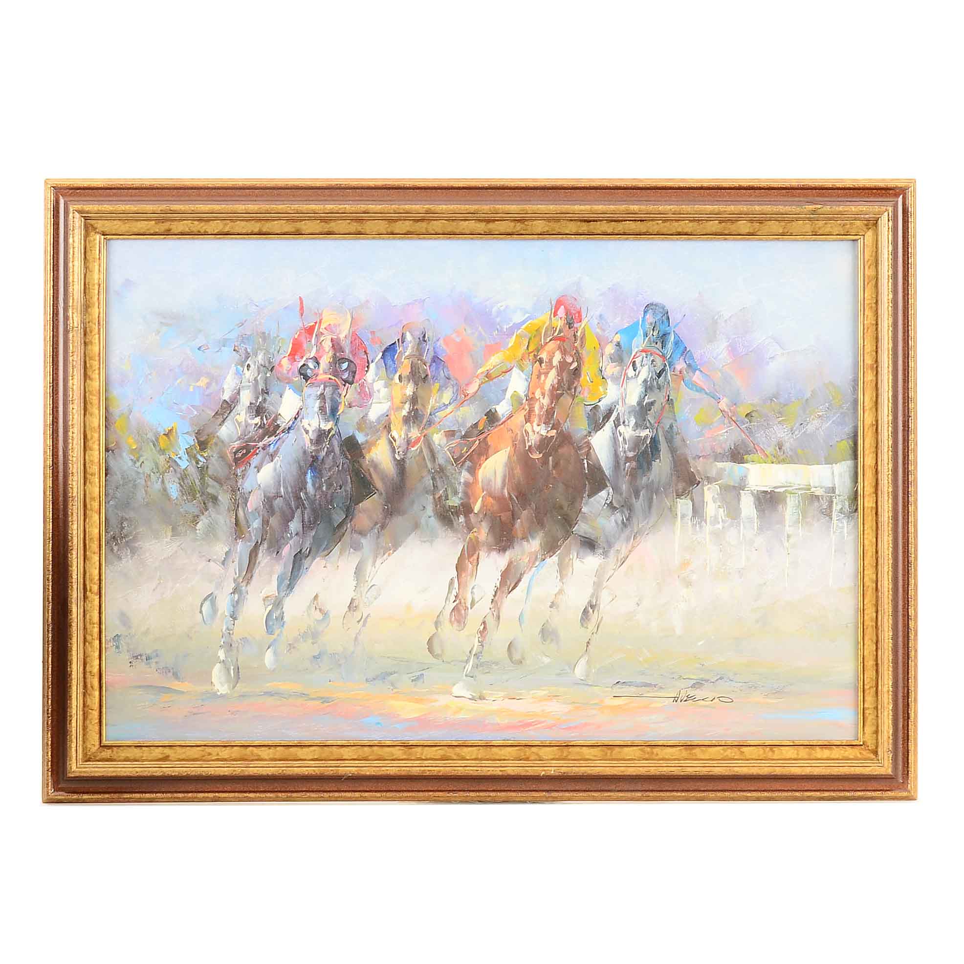Anthony Veccio Original Oil Painting on Canvas of Horse Race
