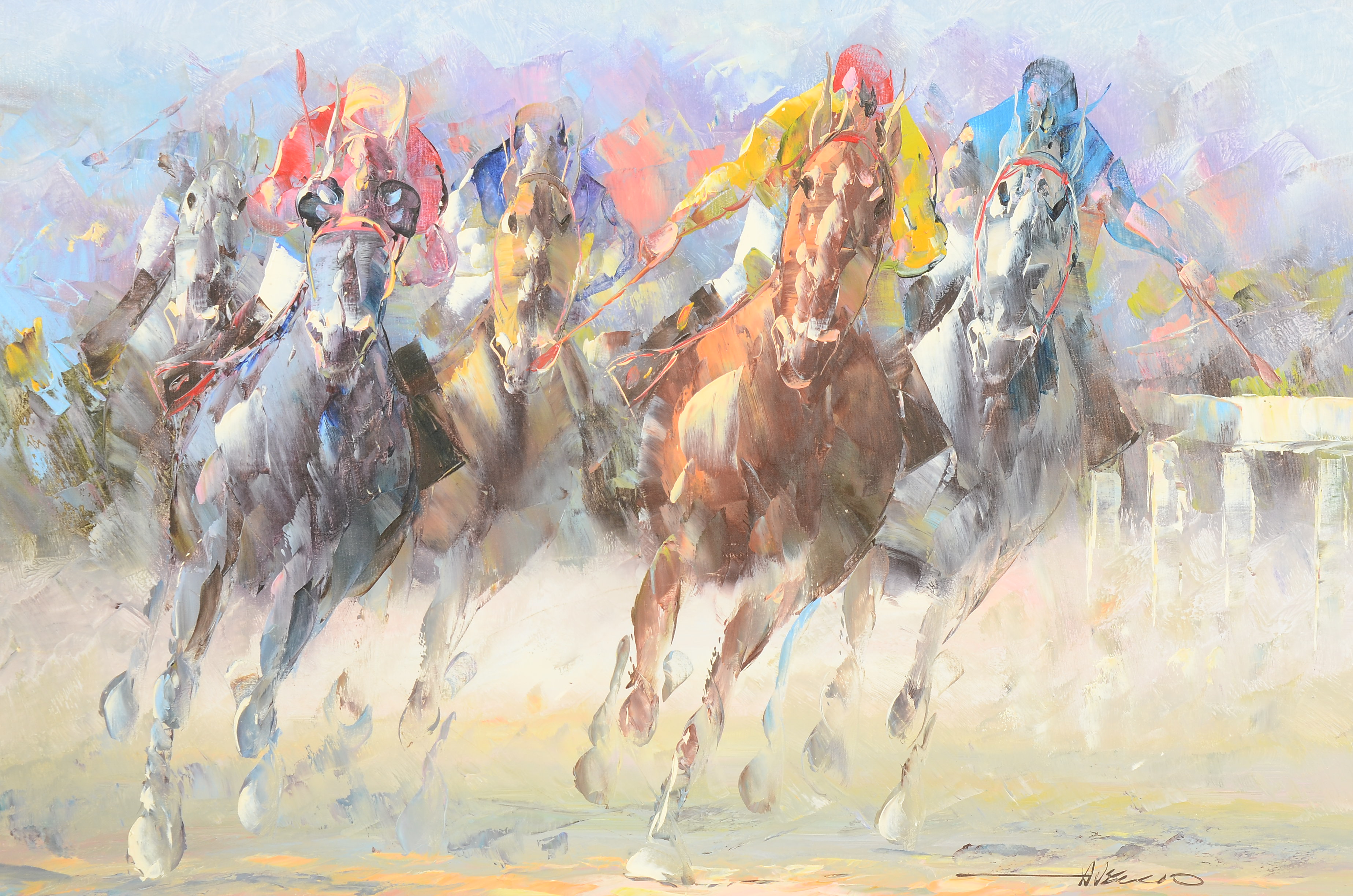 Anthony Veccio Original Oil Painting on Canvas of Horse Race