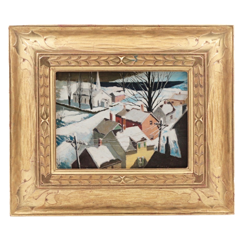 Henry Gasser Oil Painting on Canvas Board Winter Townscape