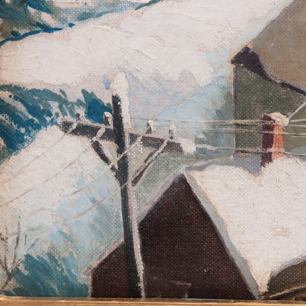 Henry Gasser Oil Painting on Canvas Board Winter Townscape